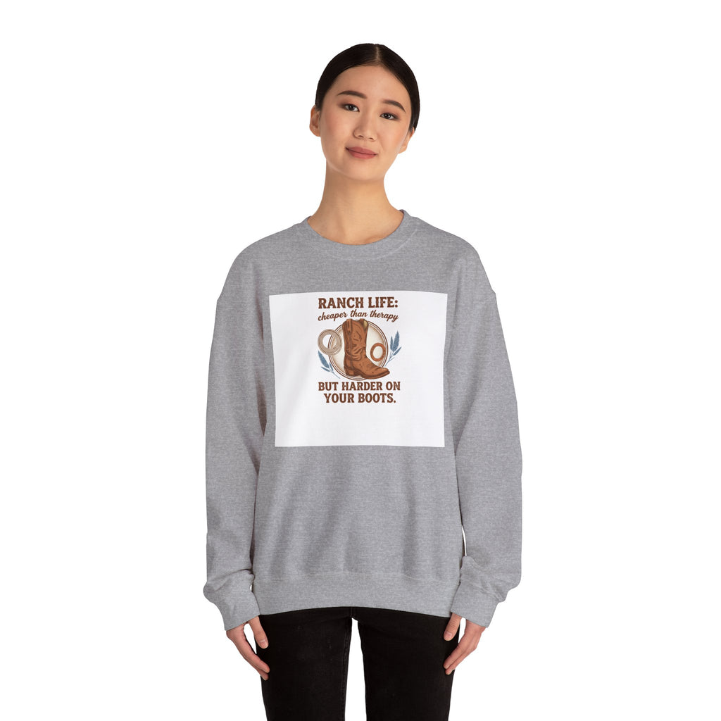 Ranch Life Crewneck Sweatshirt — “Ranch Life: Cheaper Than Therapy” Western Cowboy Graphic