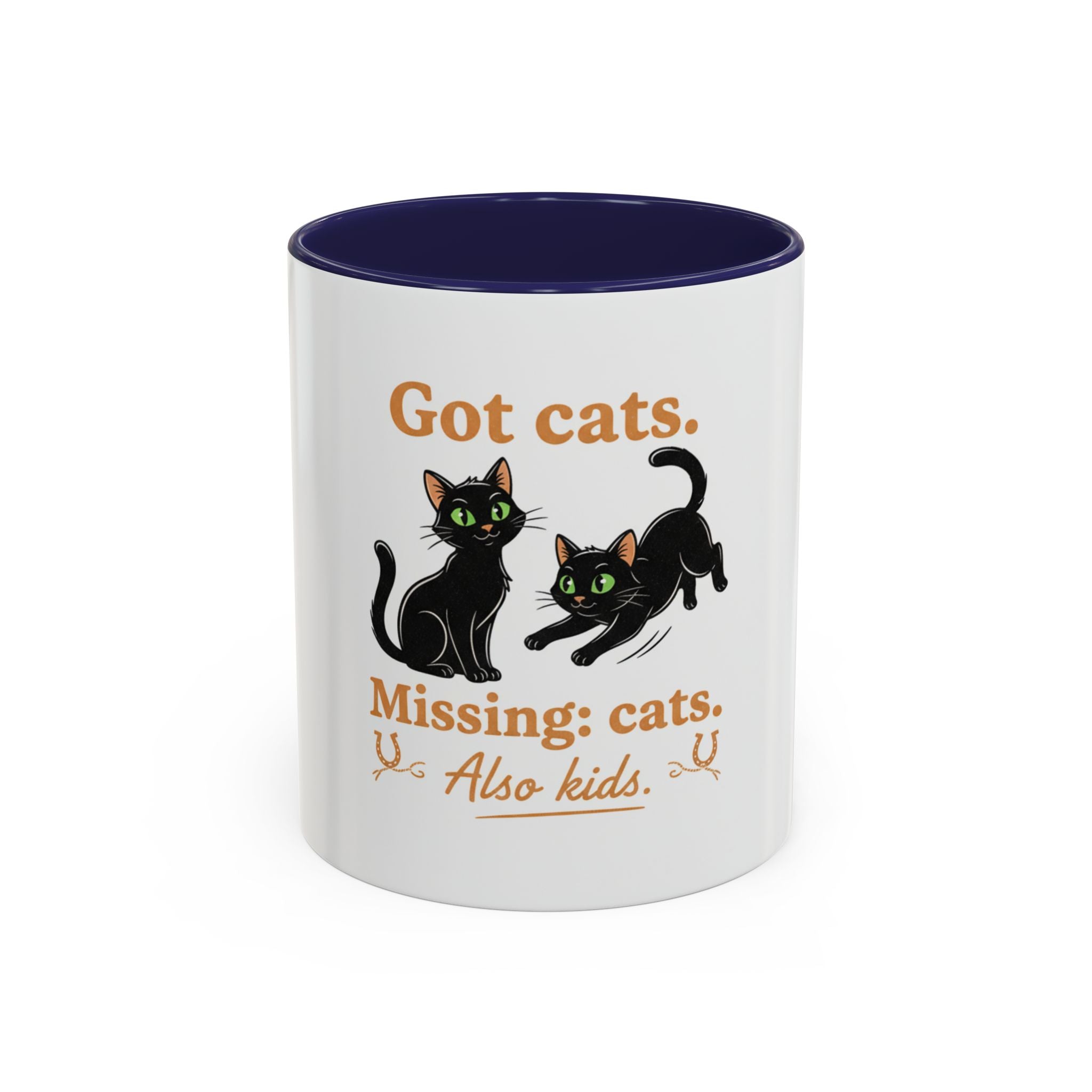 Cat Mom Humor Coffee Mug — "Got cats. Missing: cats. Also kids."