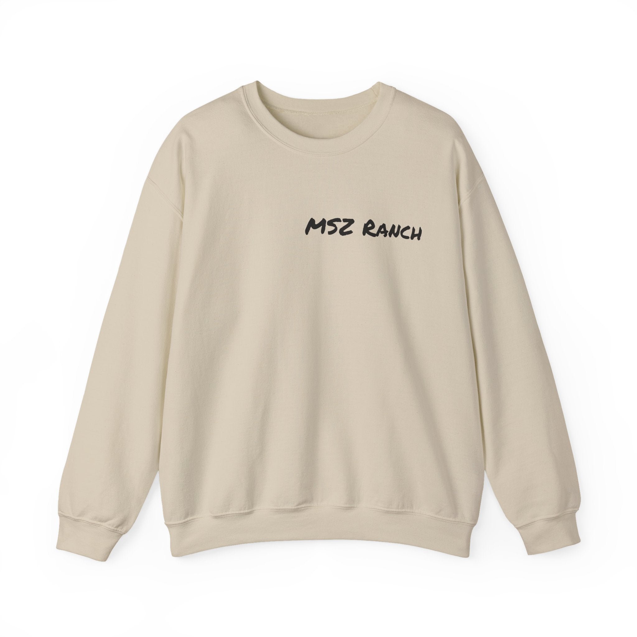 MSZ Ranch Crewneck Sweatshirt — Retro Deer Patch Back, Script Front