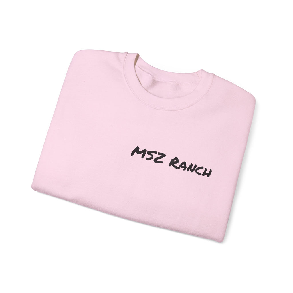MSZ Ranch Crewneck Sweatshirt — Retro Deer Patch Back, Script Front