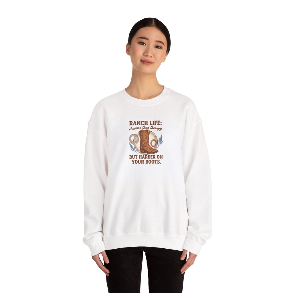 Ranch Life Crewneck Sweatshirt — “Ranch Life: Cheaper Than Therapy” Western Cowboy Graphic