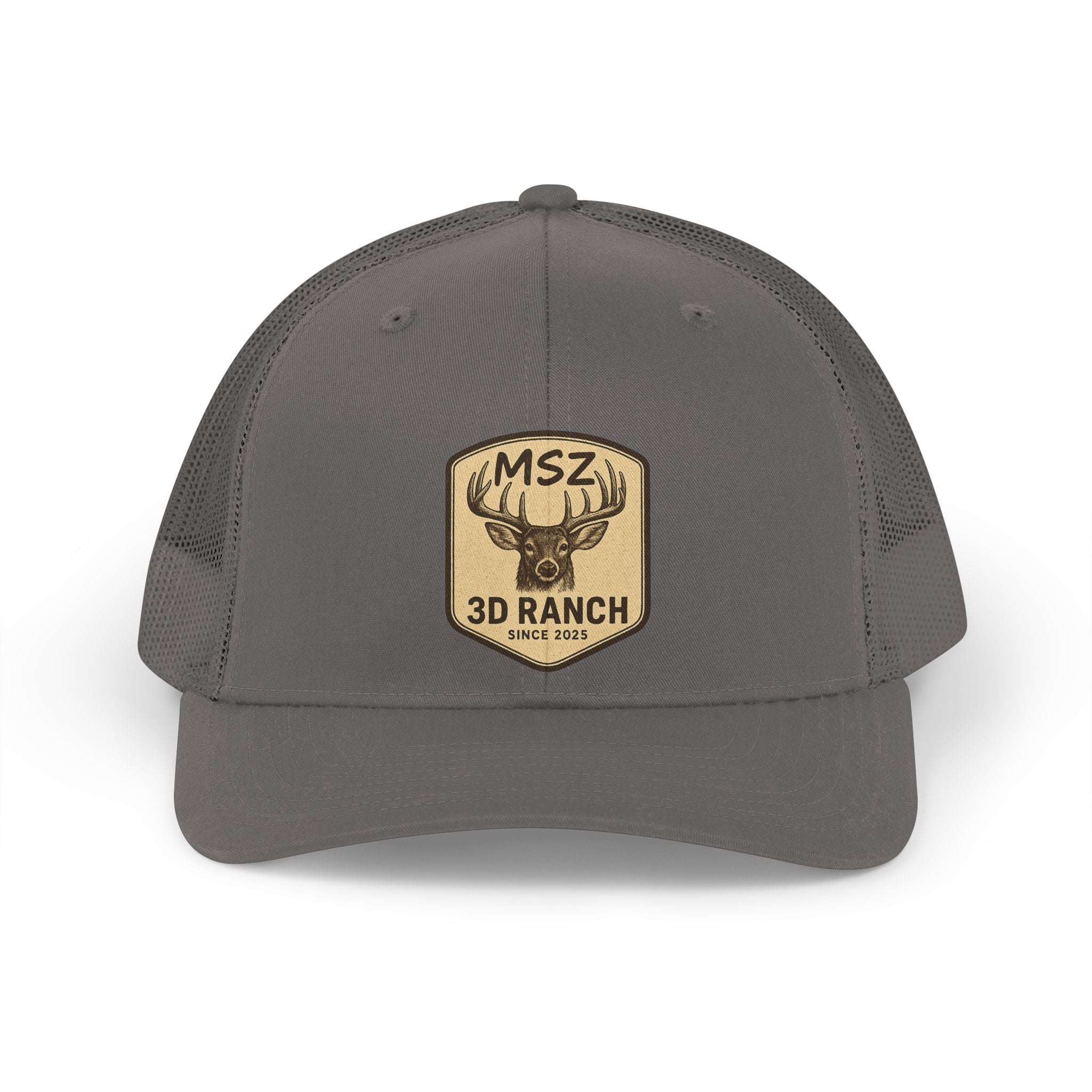 Retro Trucker Hat — MSZ 3D Ranch Patch Cap (Vintage Deer Badge)
