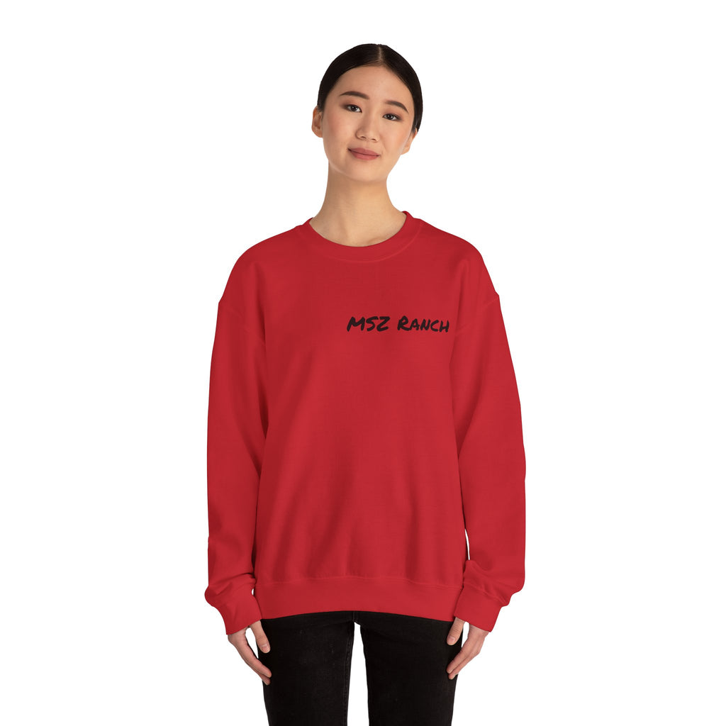MSZ Ranch Crewneck Sweatshirt — Retro Deer Patch Back, Script Front