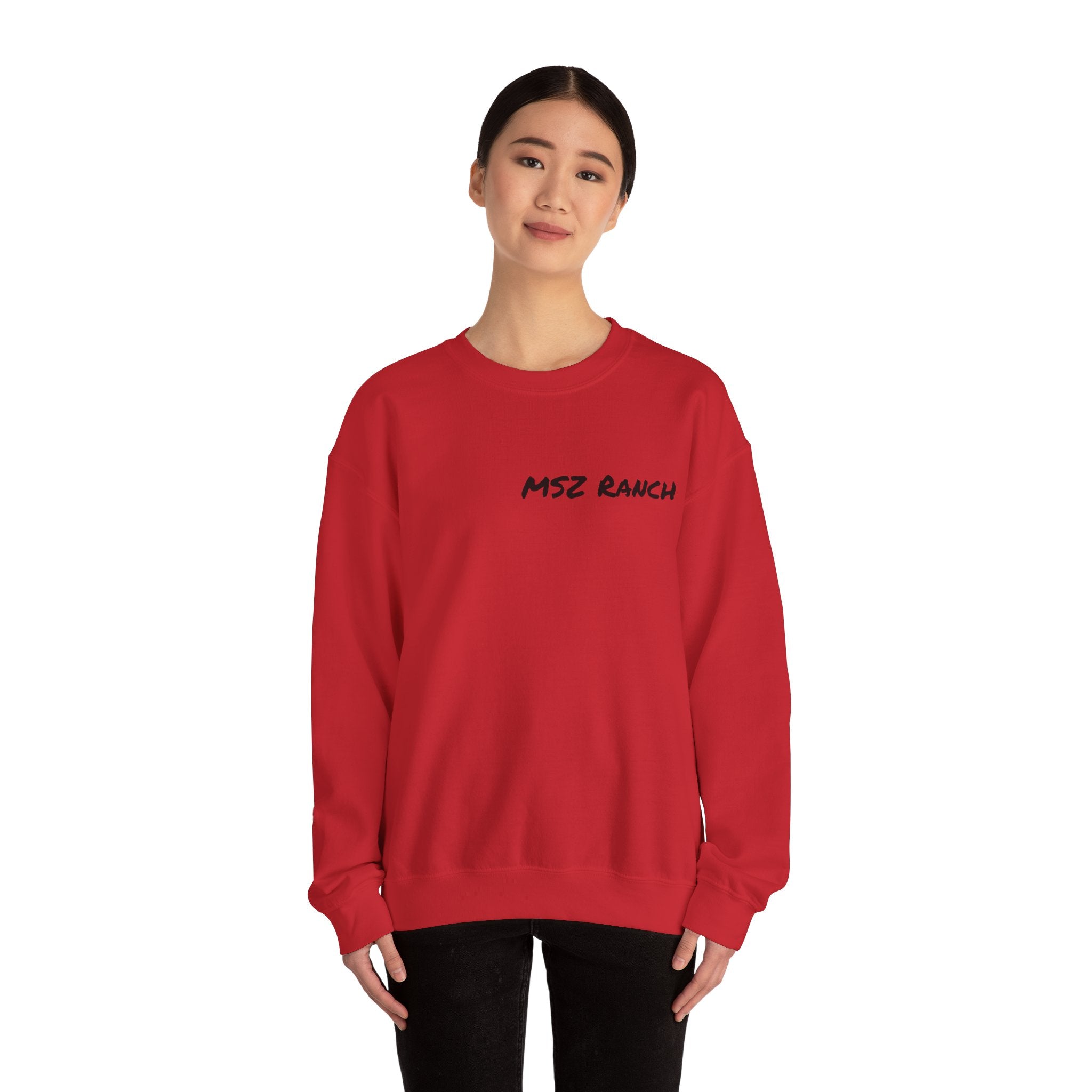 MSZ Ranch Crewneck Sweatshirt — Retro Deer Patch Back, Script Front