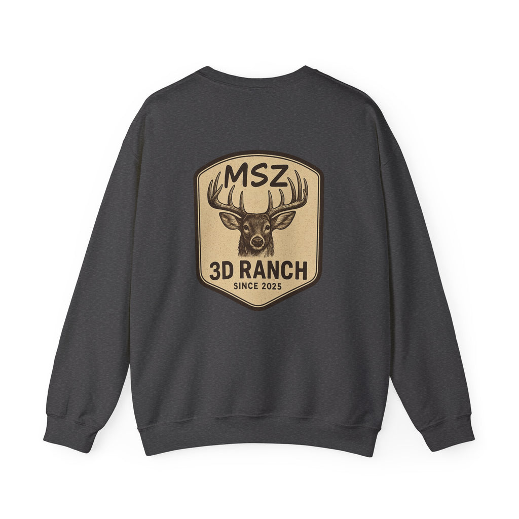 MSZ Ranch Crewneck Sweatshirt — Retro Deer Patch Back, Script Front