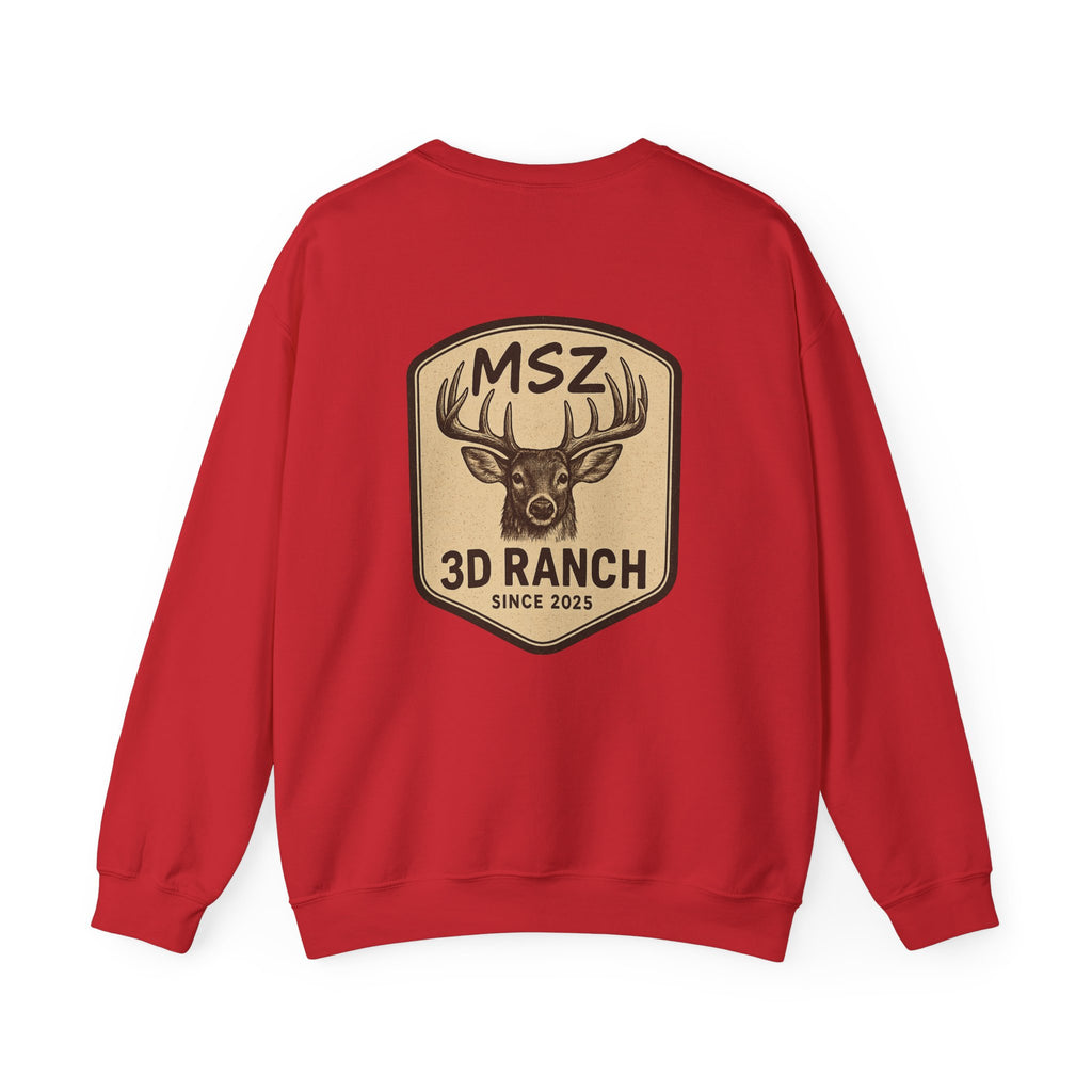 MSZ Ranch Crewneck Sweatshirt — Retro Deer Patch Back, Script Front