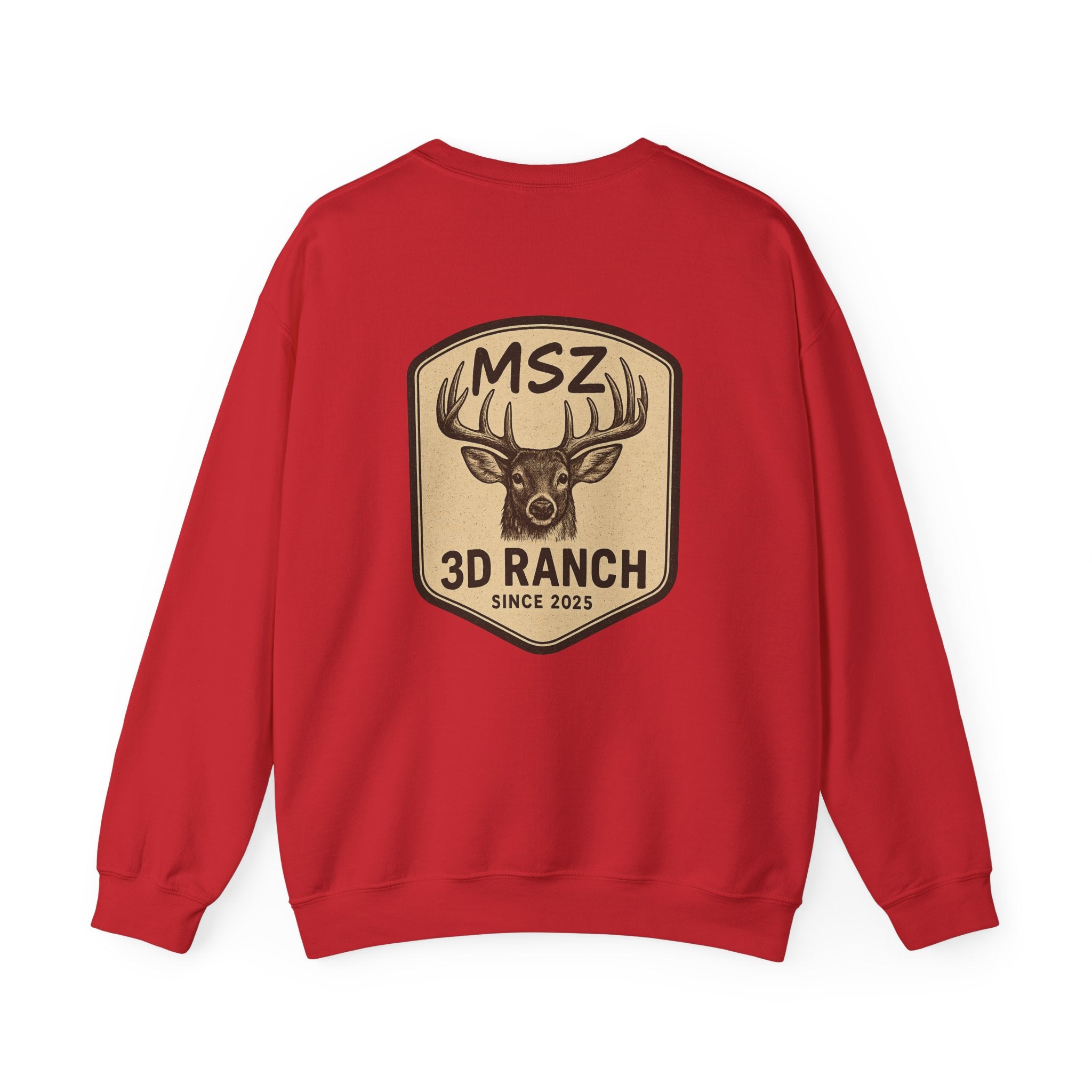 MSZ Ranch Crewneck Sweatshirt — Retro Deer Patch Back, Script Front