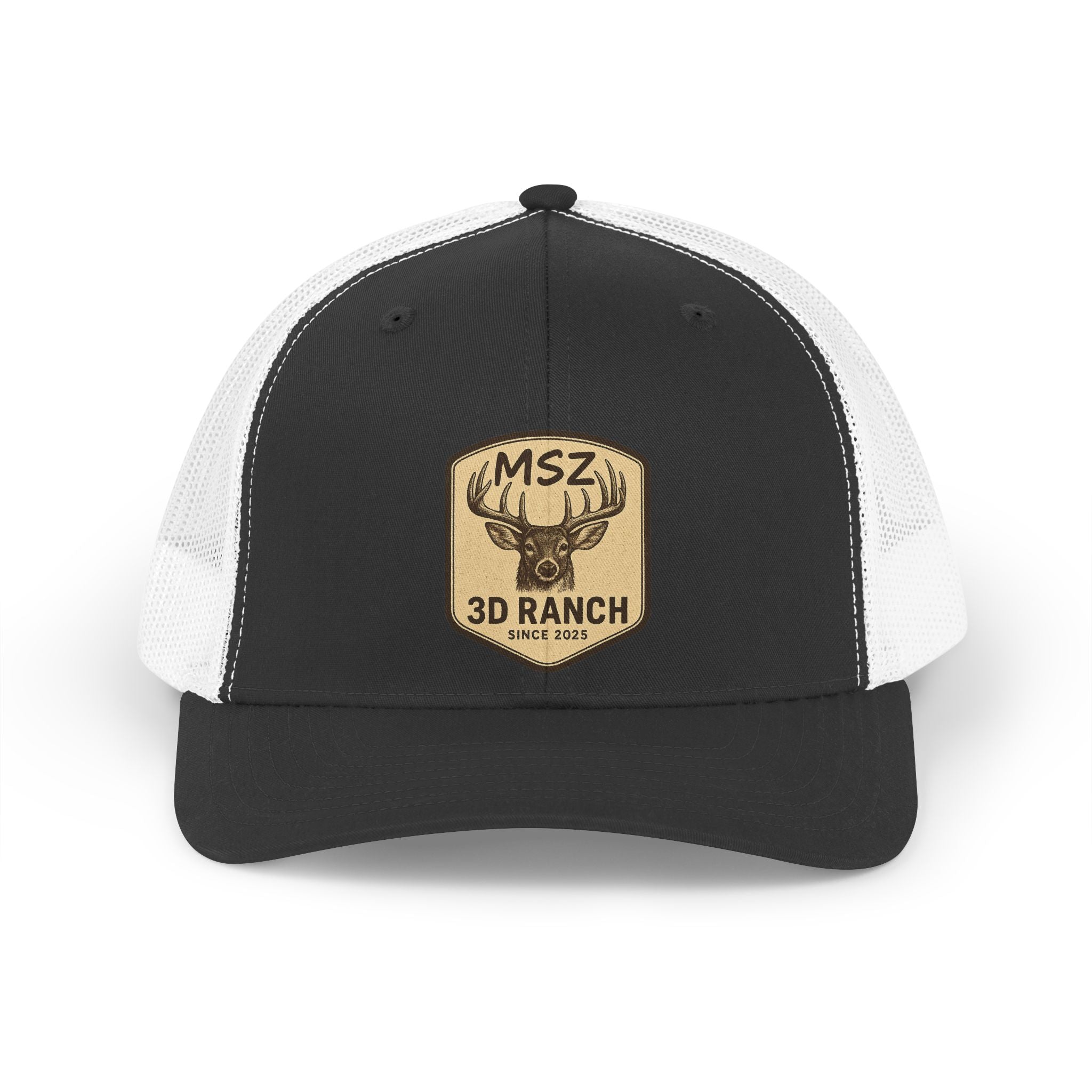 Retro Trucker Hat — MSZ 3D Ranch Patch Cap (Vintage Deer Badge)