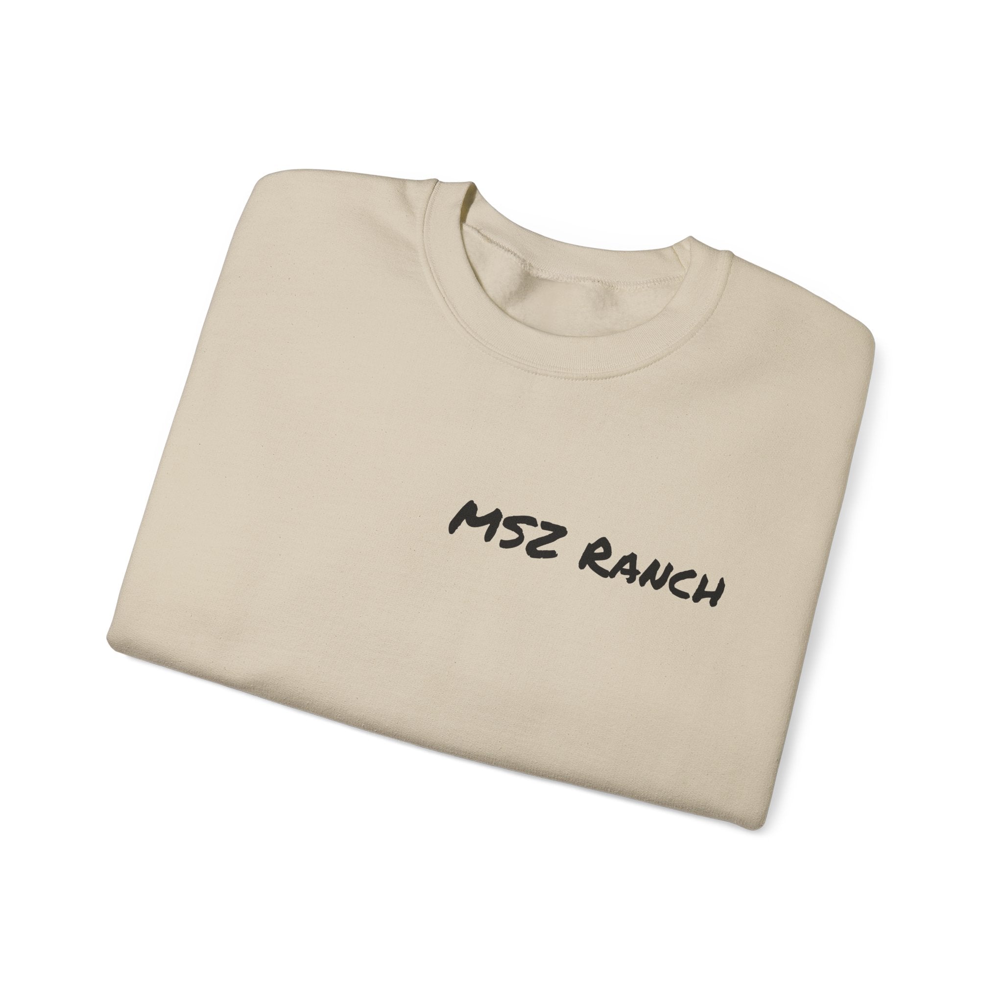 MSZ Ranch Crewneck Sweatshirt — Retro Deer Patch Back, Script Front