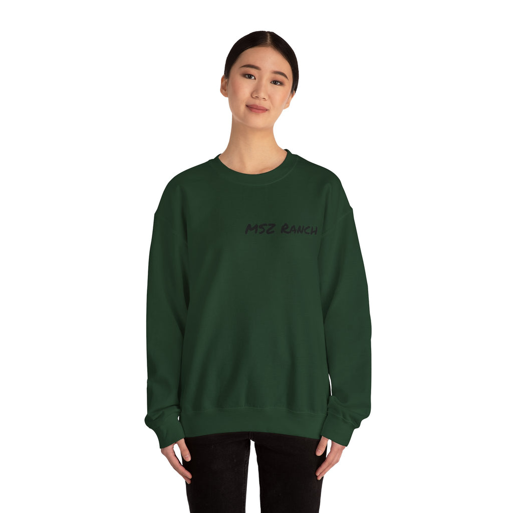 MSZ Ranch Crewneck Sweatshirt — Retro Deer Patch Back, Script Front