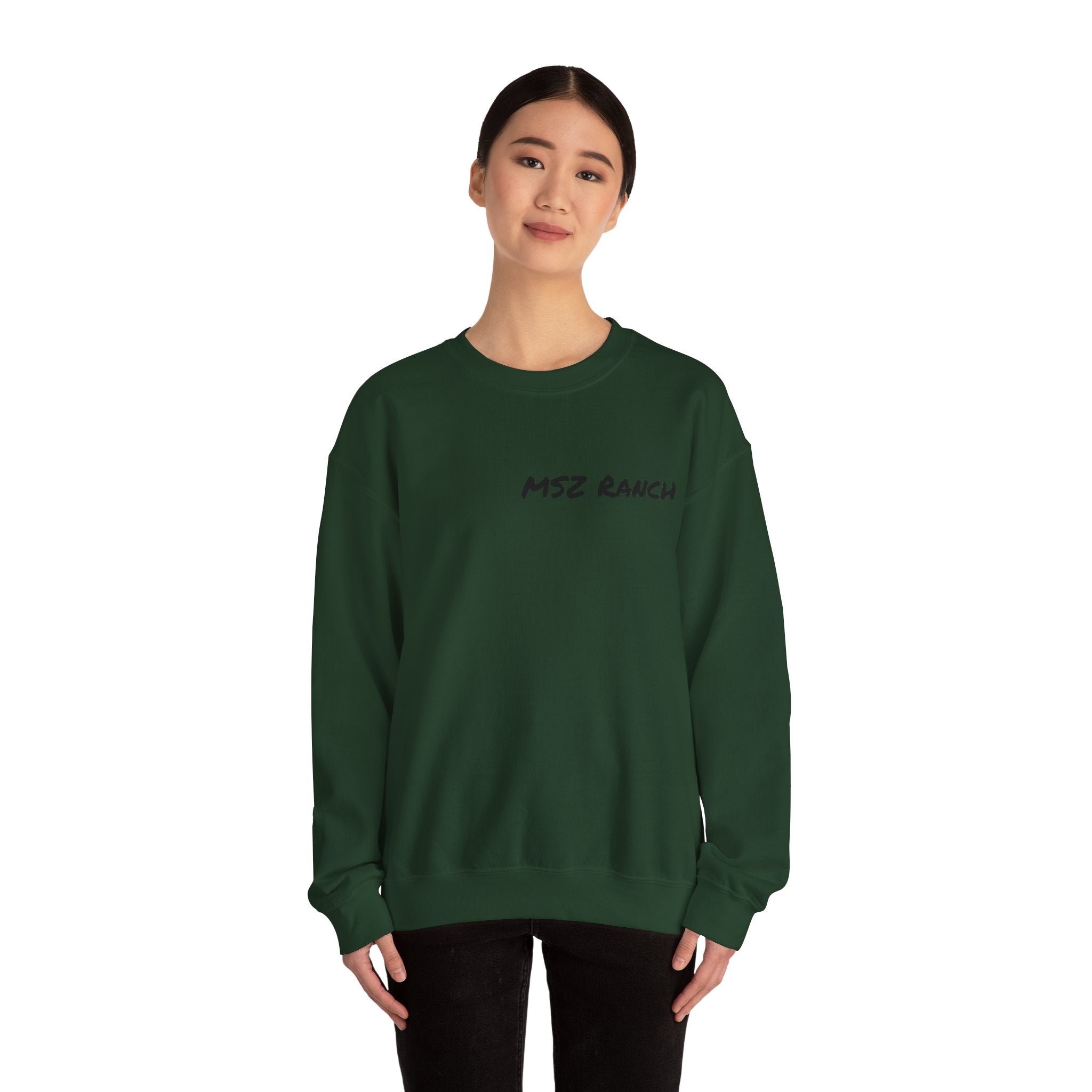 MSZ Ranch Crewneck Sweatshirt — Retro Deer Patch Back, Script Front