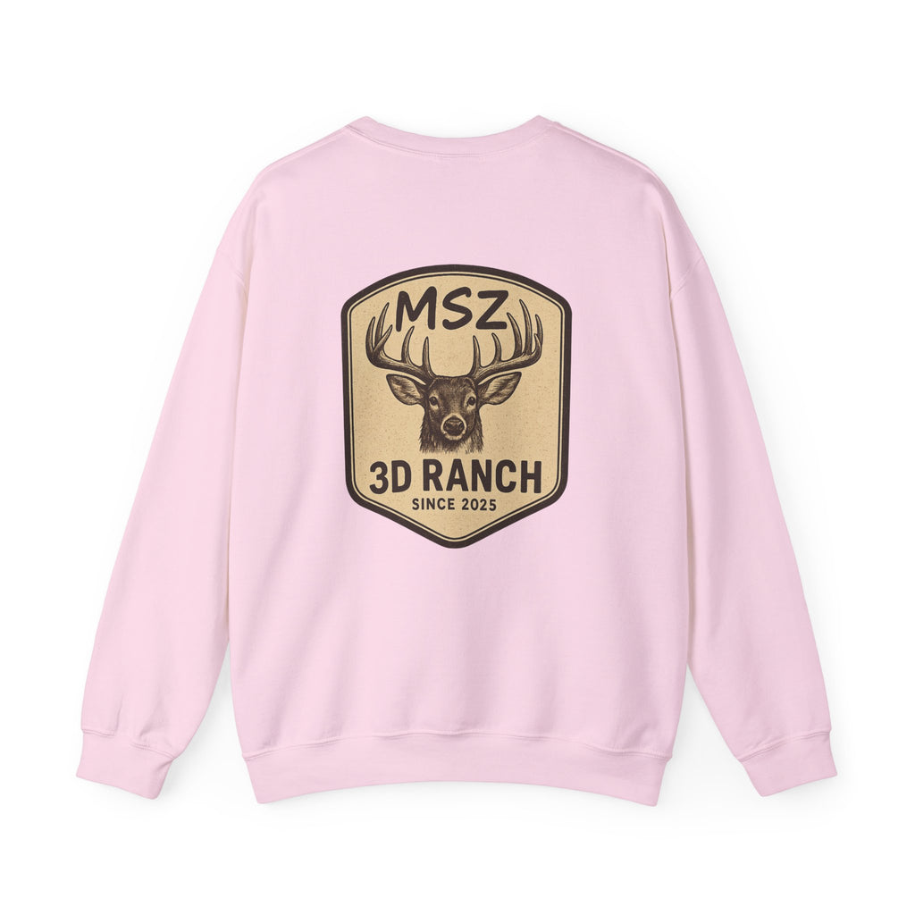 MSZ Ranch Crewneck Sweatshirt — Retro Deer Patch Back, Script Front