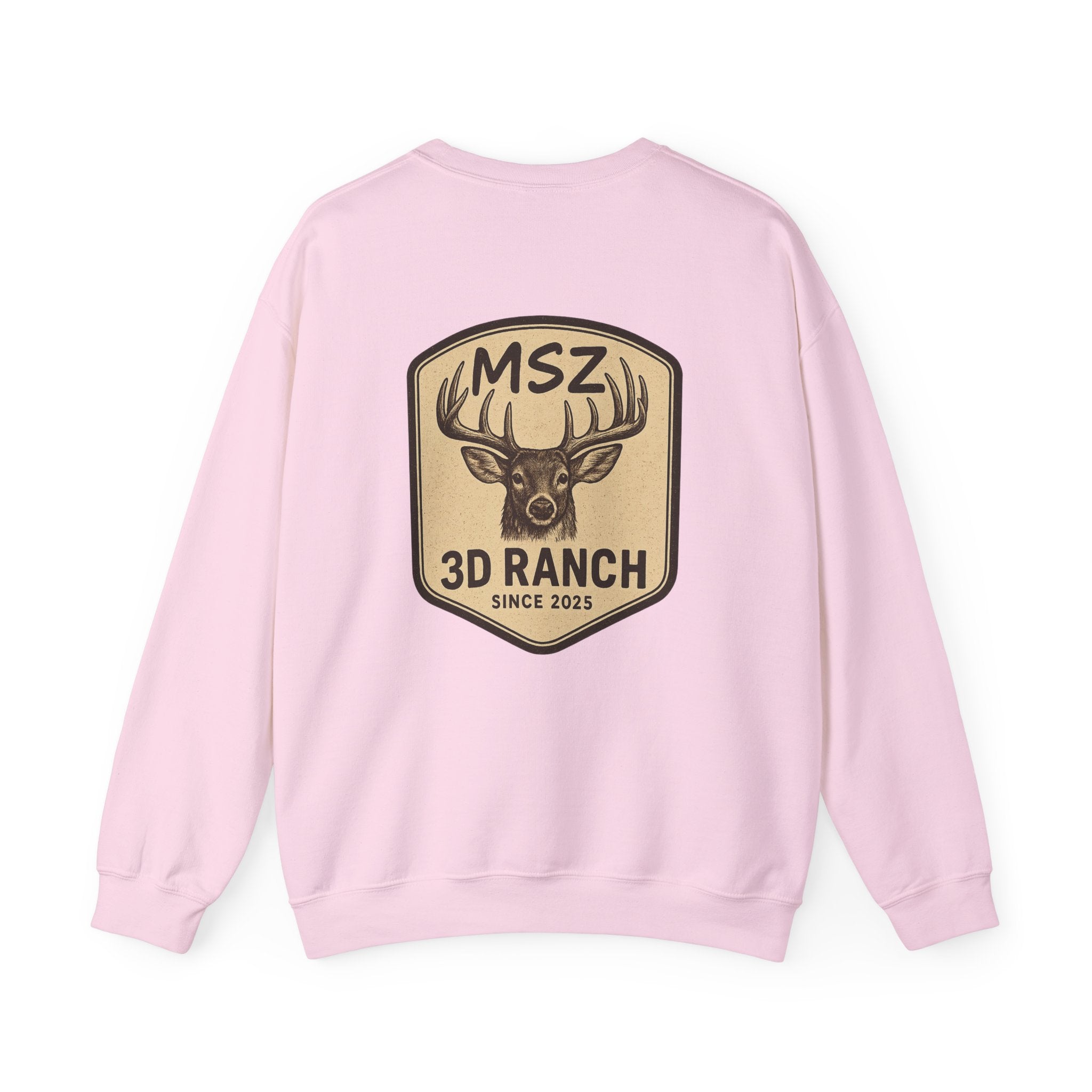 MSZ Ranch Crewneck Sweatshirt — Retro Deer Patch Back, Script Front