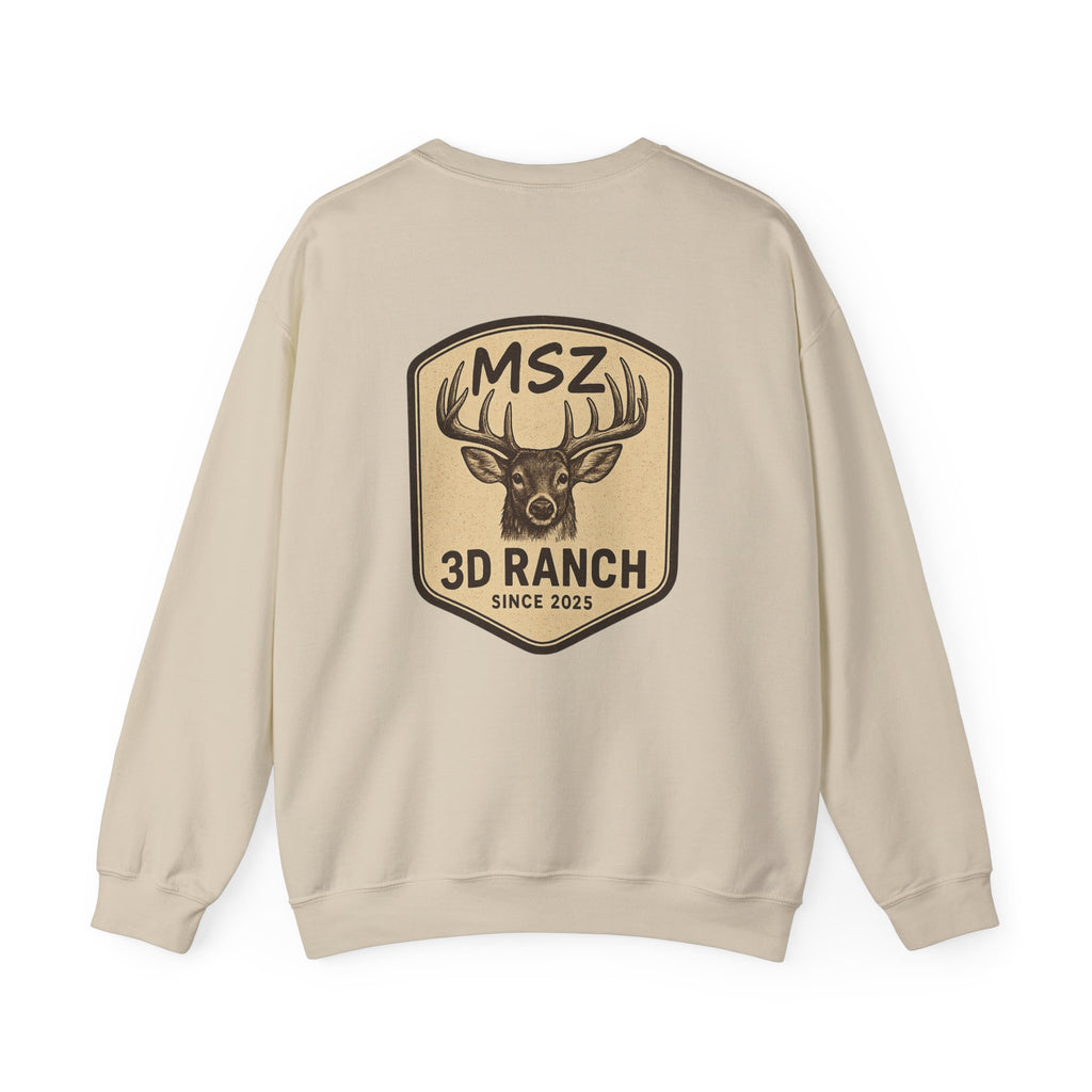 MSZ Ranch Crewneck Sweatshirt — Retro Deer Patch Back, Script Front