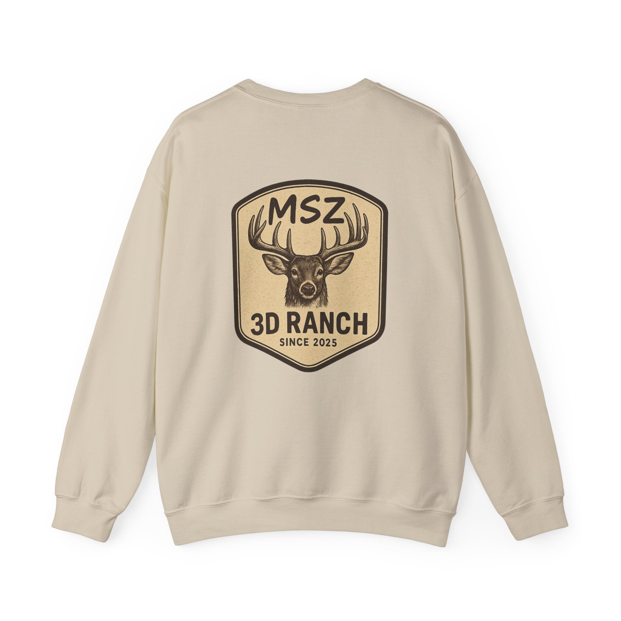 MSZ Ranch Crewneck Sweatshirt — Retro Deer Patch Back, Script Front