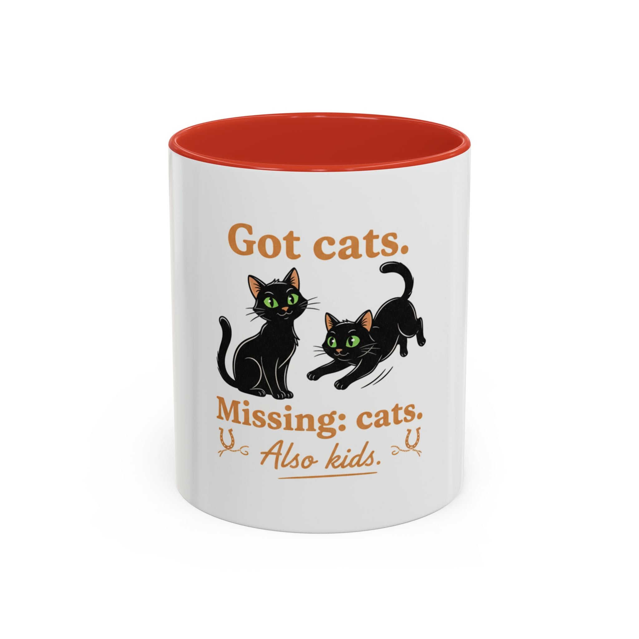 Cat Mom Humor Coffee Mug — "Got cats. Missing: cats. Also kids."