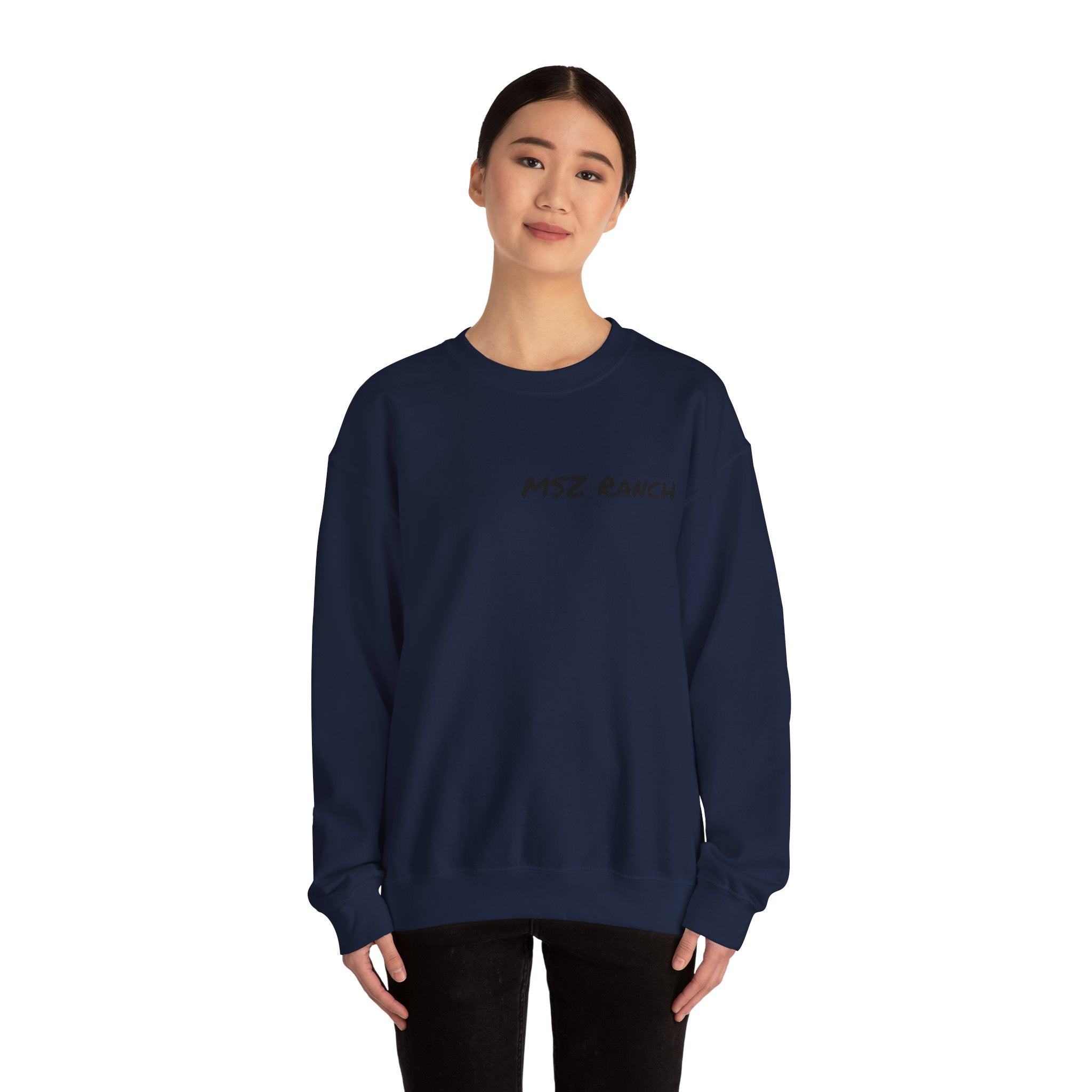 MSZ Ranch Crewneck Sweatshirt — Retro Deer Patch Back, Script Front
