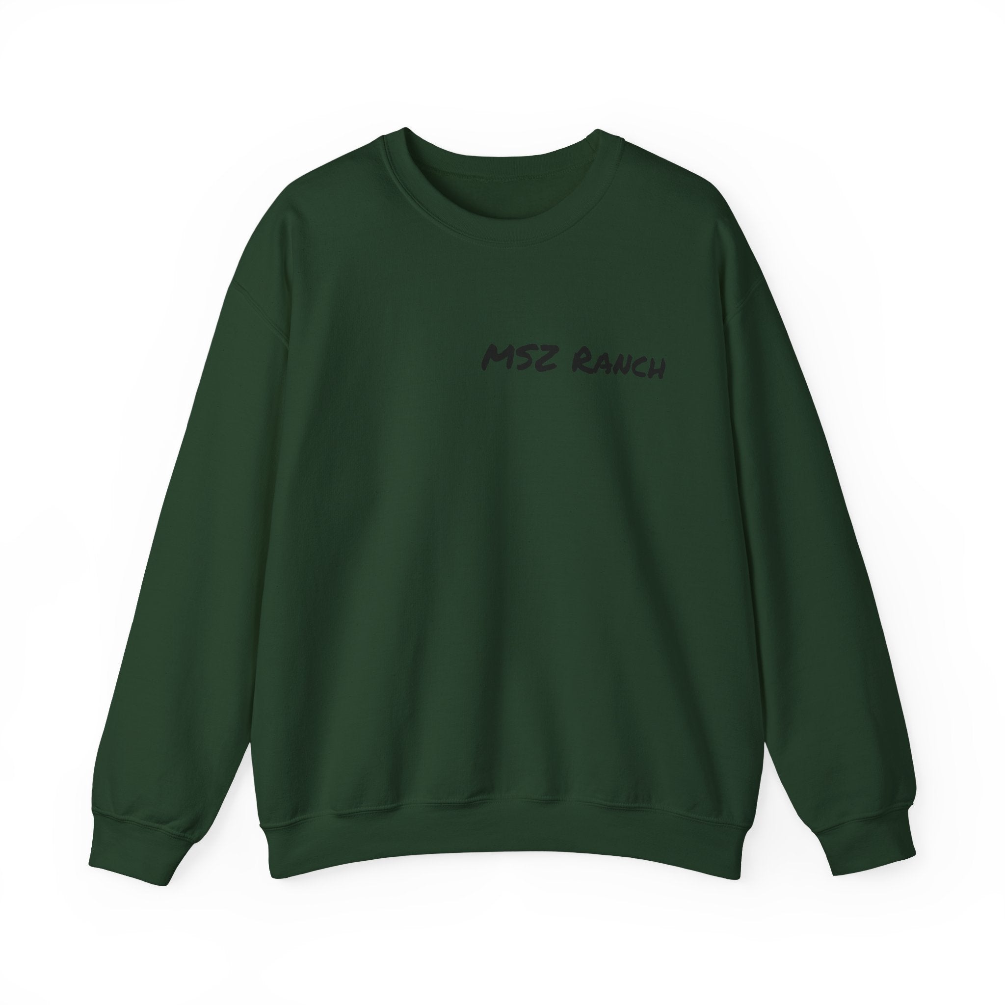 MSZ Ranch Crewneck Sweatshirt — Retro Deer Patch Back, Script Front