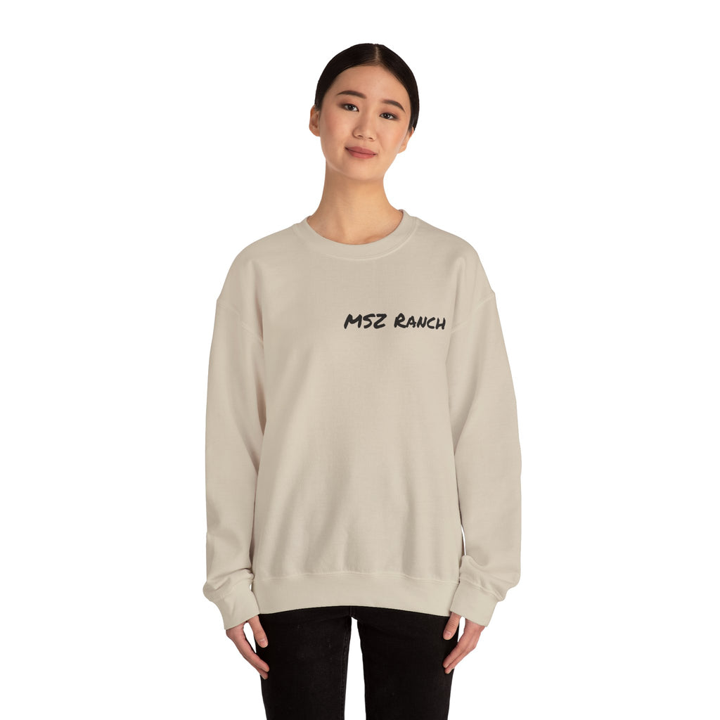 MSZ Ranch Crewneck Sweatshirt — Retro Deer Patch Back, Script Front