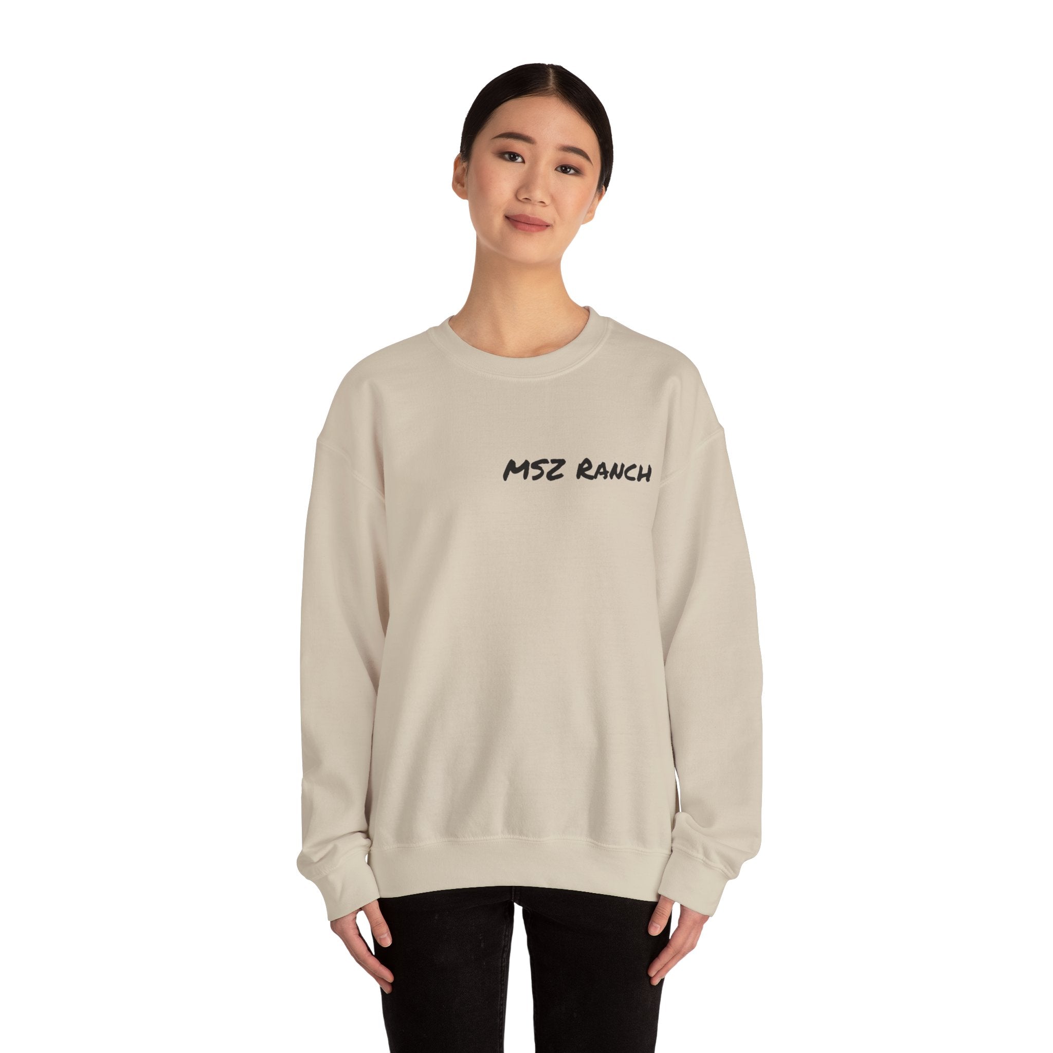 MSZ Ranch Crewneck Sweatshirt — Retro Deer Patch Back, Script Front