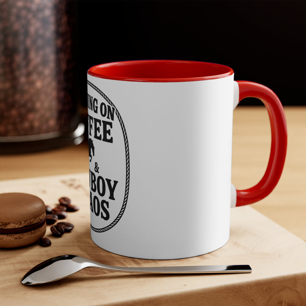 Running on Coffee & Cowboy Chaos Accent Mug — Funny Western Coffee Cup