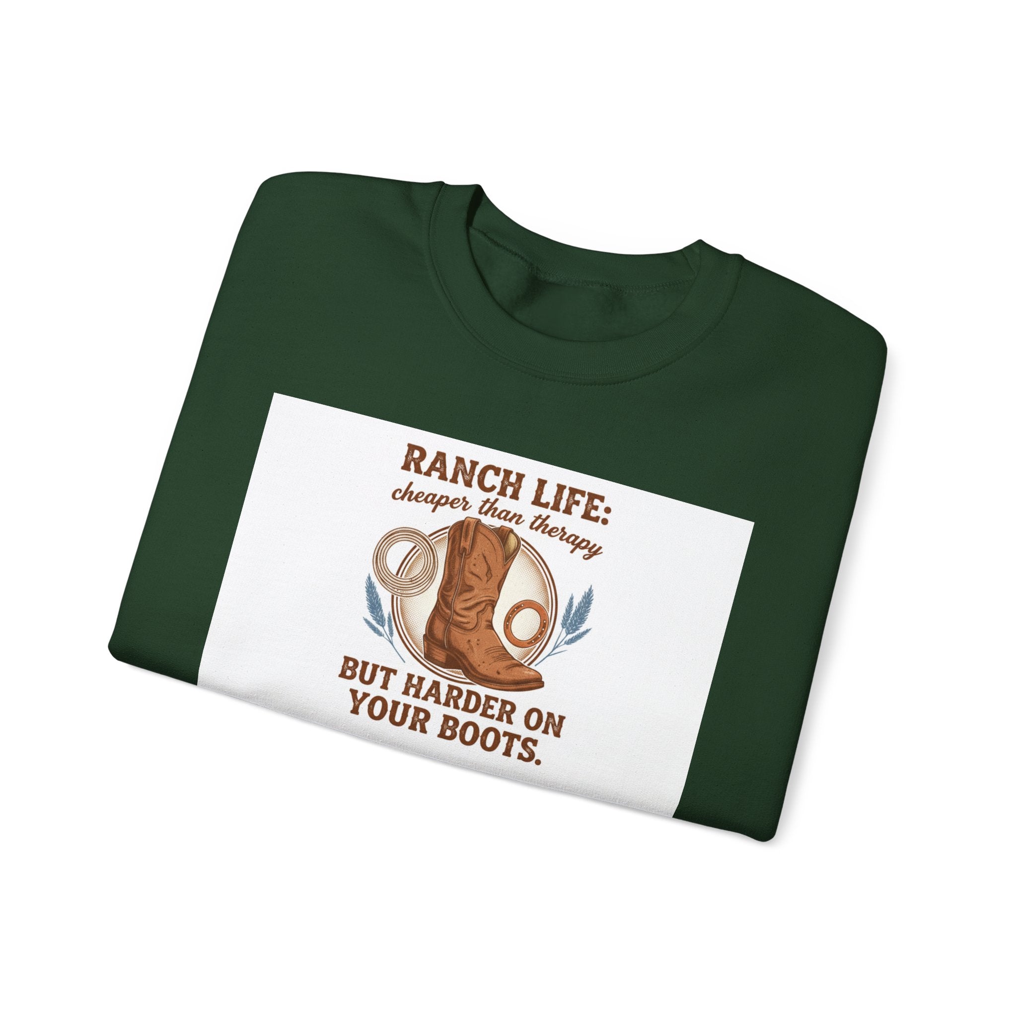 Ranch Life Crewneck Sweatshirt — “Ranch Life: Cheaper Than Therapy” Western Cowboy Graphic