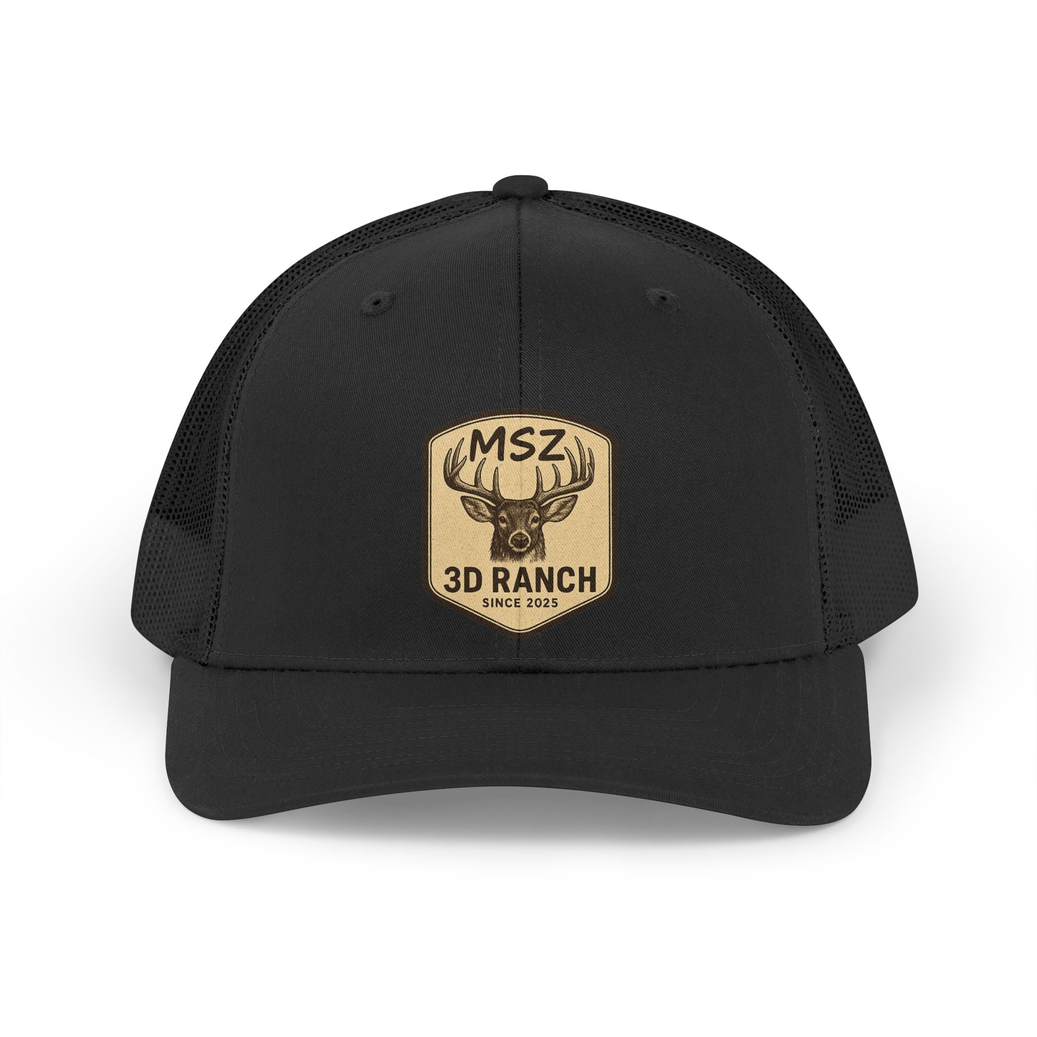 Retro Trucker Hat — MSZ 3D Ranch Patch Cap (Vintage Deer Badge)