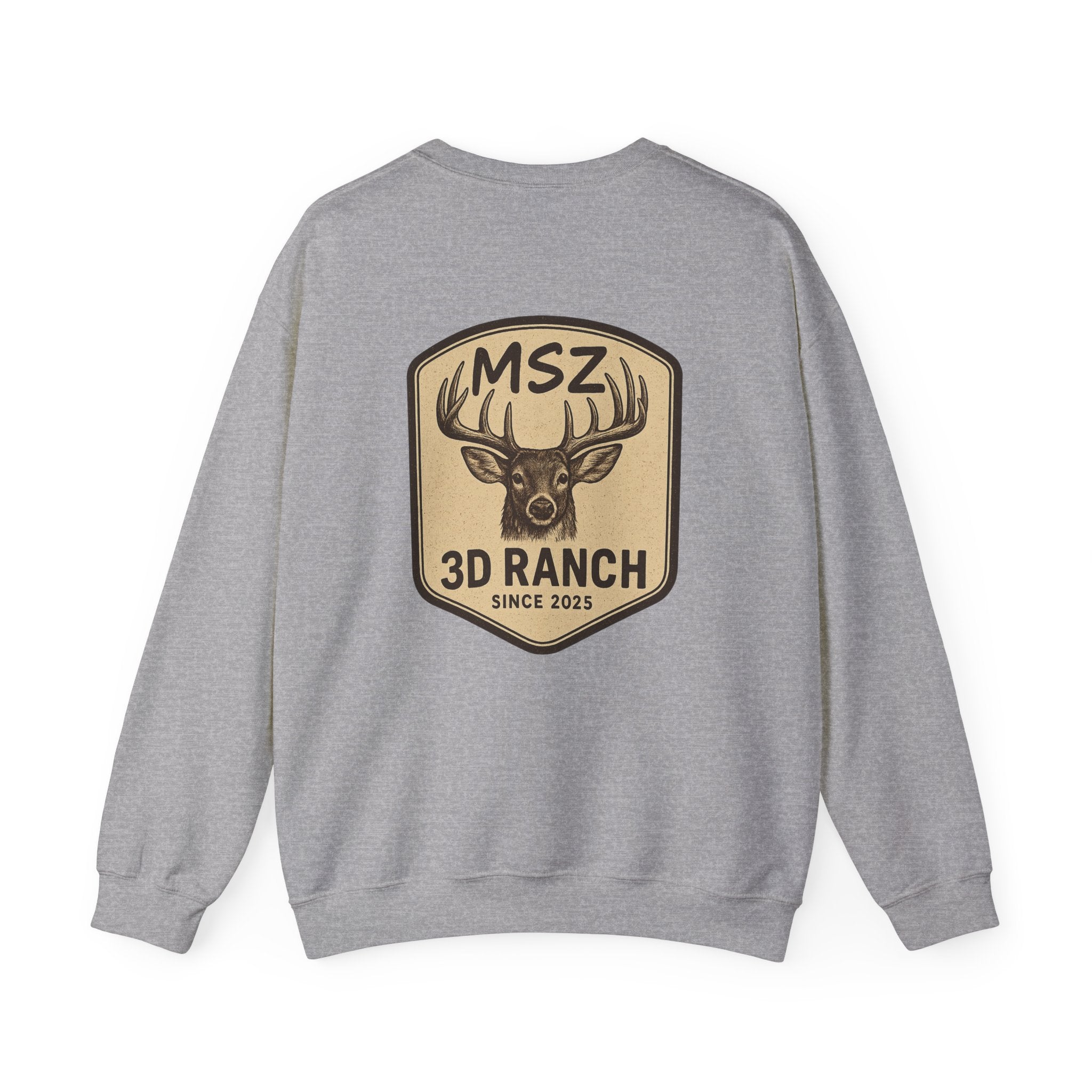 MSZ Ranch Crewneck Sweatshirt — Retro Deer Patch Back, Script Front