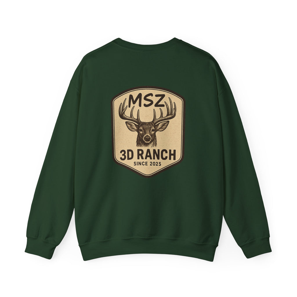 MSZ Ranch Crewneck Sweatshirt — Retro Deer Patch Back, Script Front