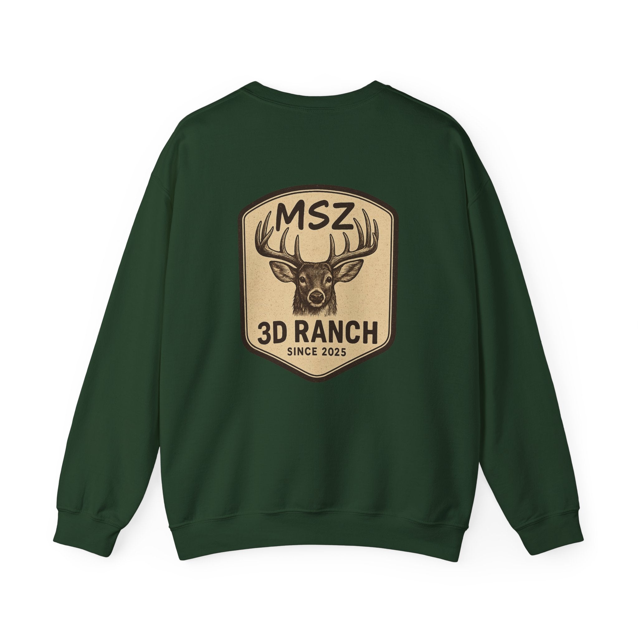 MSZ Ranch Crewneck Sweatshirt — Retro Deer Patch Back, Script Front