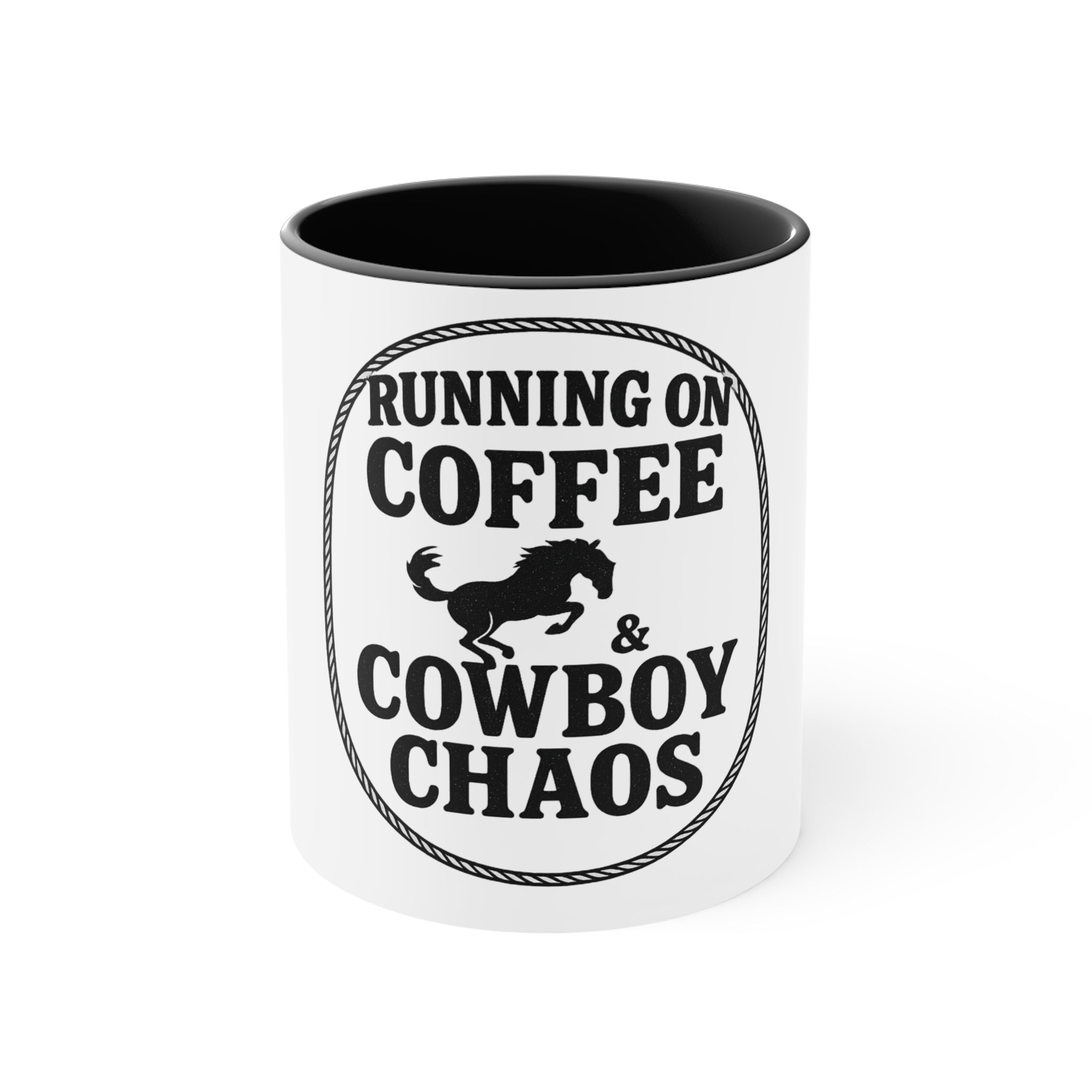 Running on Coffee & Cowboy Chaos Accent Mug — Funny Western Coffee Cup