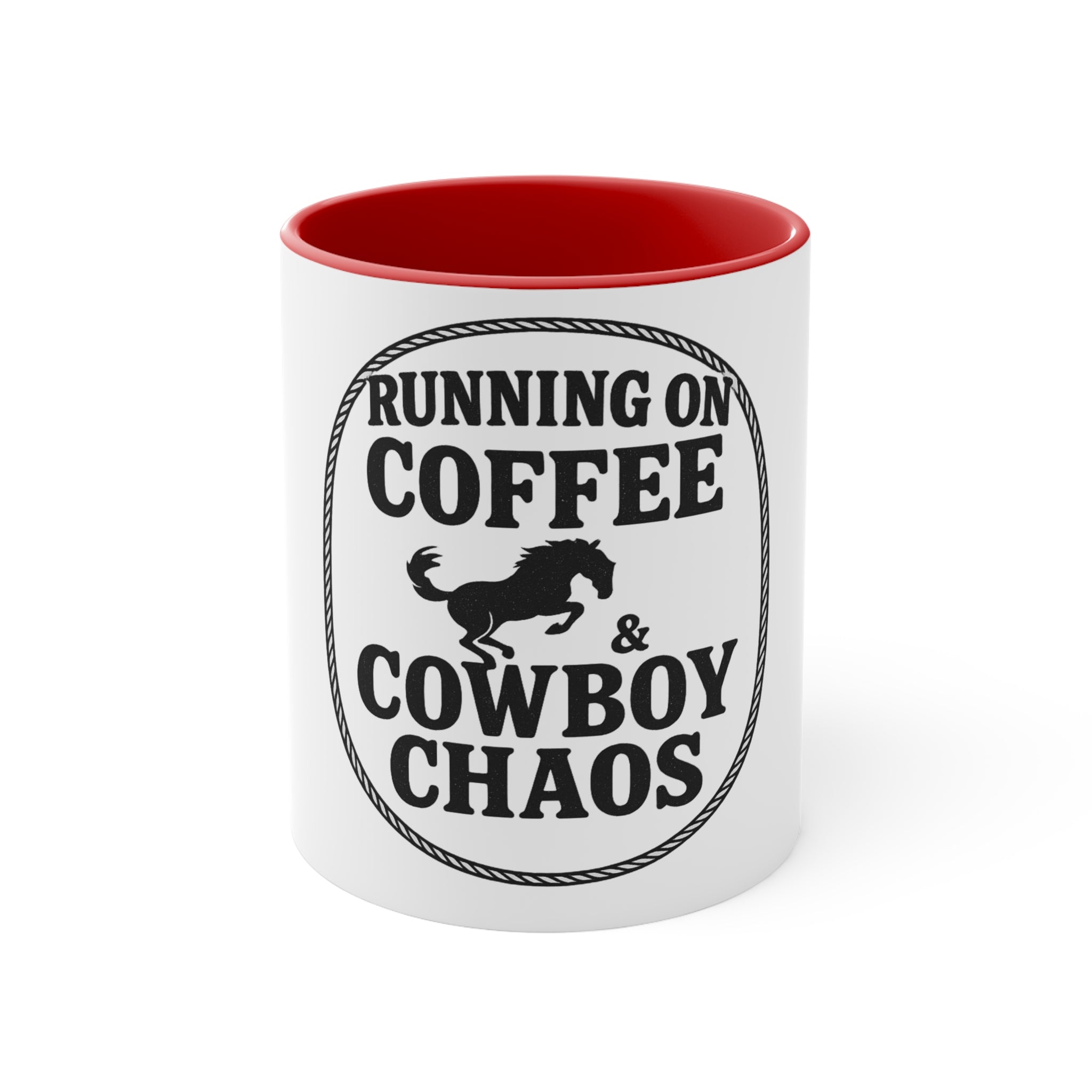 Running on Coffee & Cowboy Chaos Accent Mug — Funny Western Coffee Cup