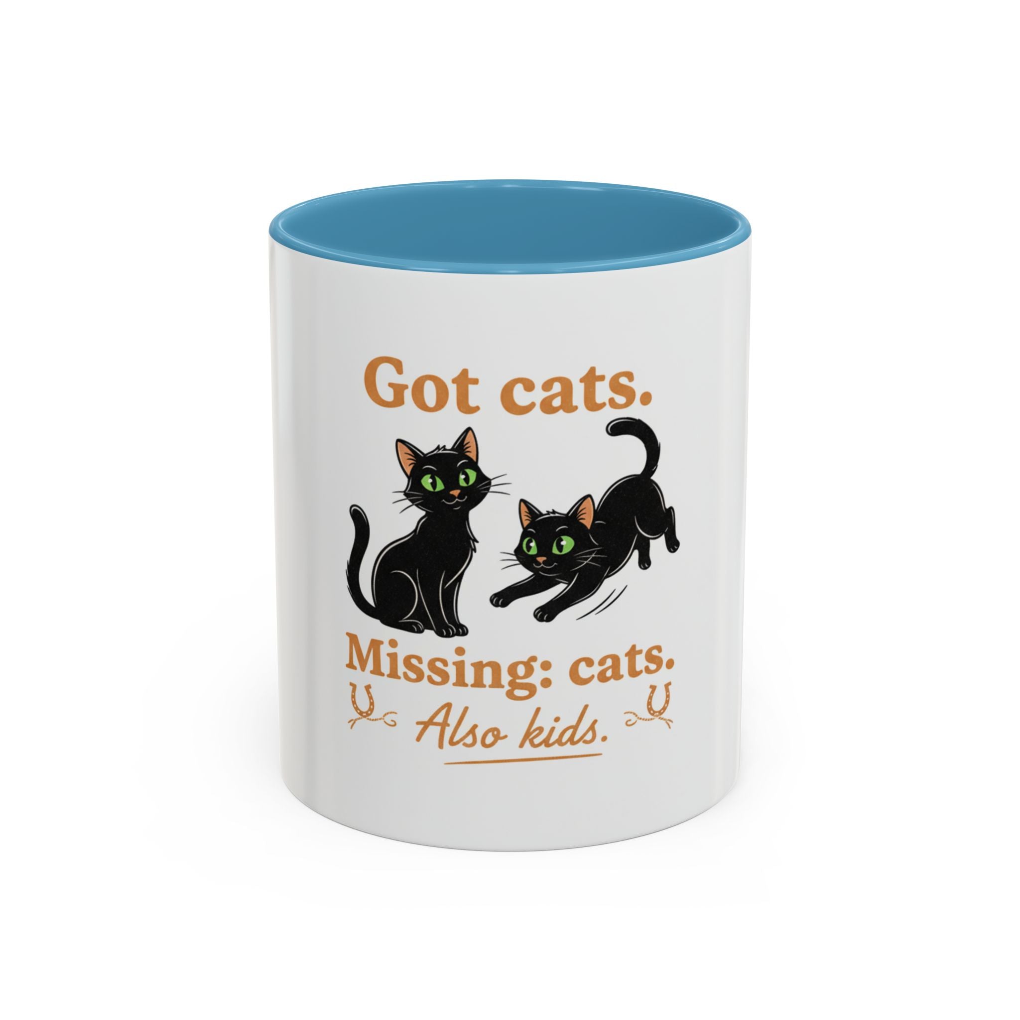 Cat Mom Humor Coffee Mug — "Got cats. Missing: cats. Also kids."