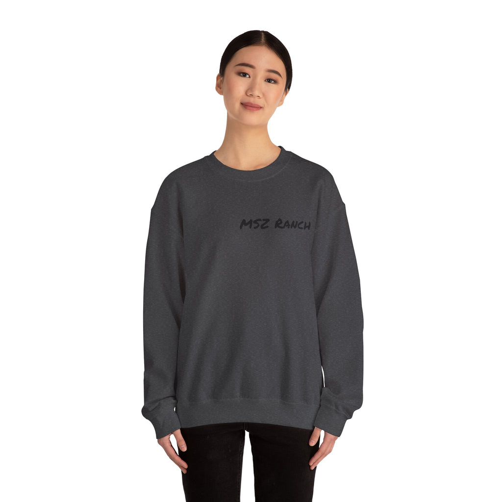 MSZ Ranch Crewneck Sweatshirt — Retro Deer Patch Back, Script Front
