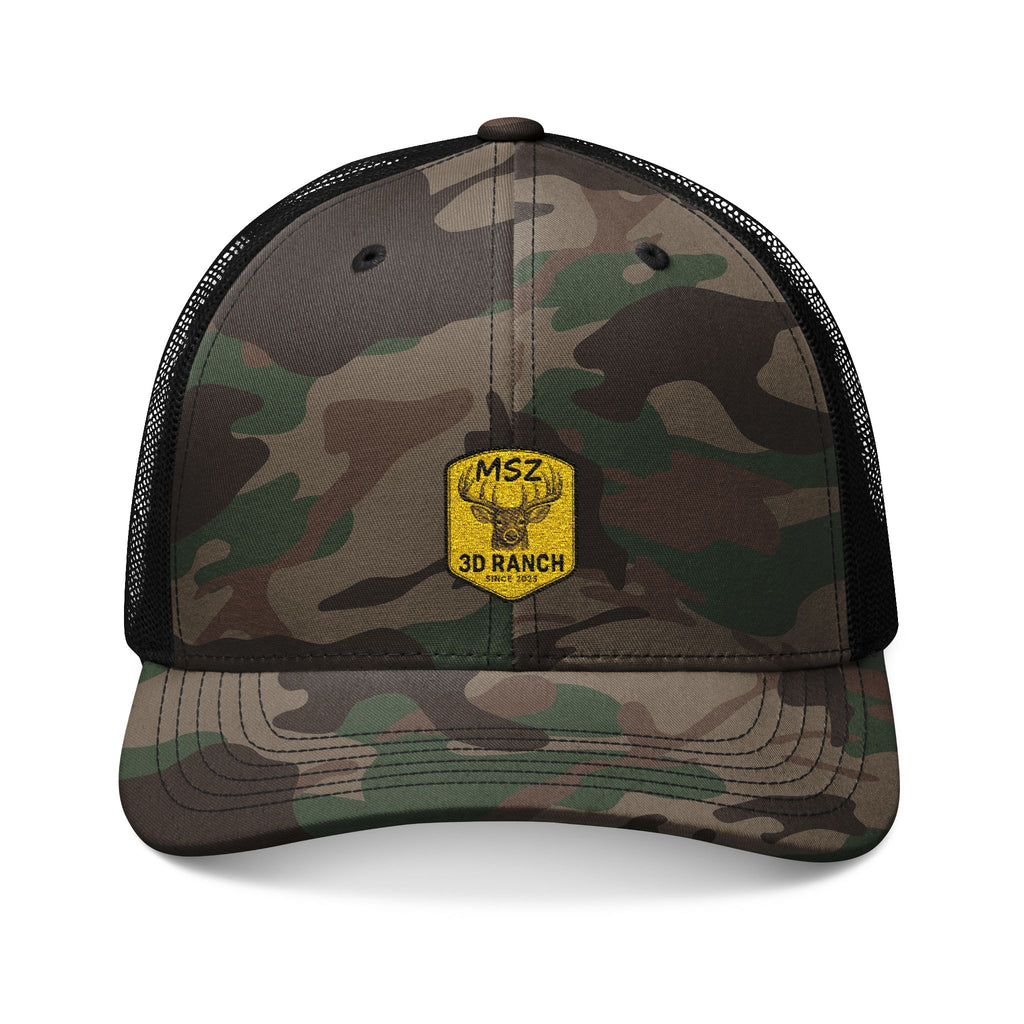 Camouflage Trucker Hat — Embroidered Yellow Patch Cap for Outdoorsmen