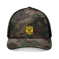 Camouflage Trucker Hat — Embroidered Yellow Patch Cap for Outdoorsmen