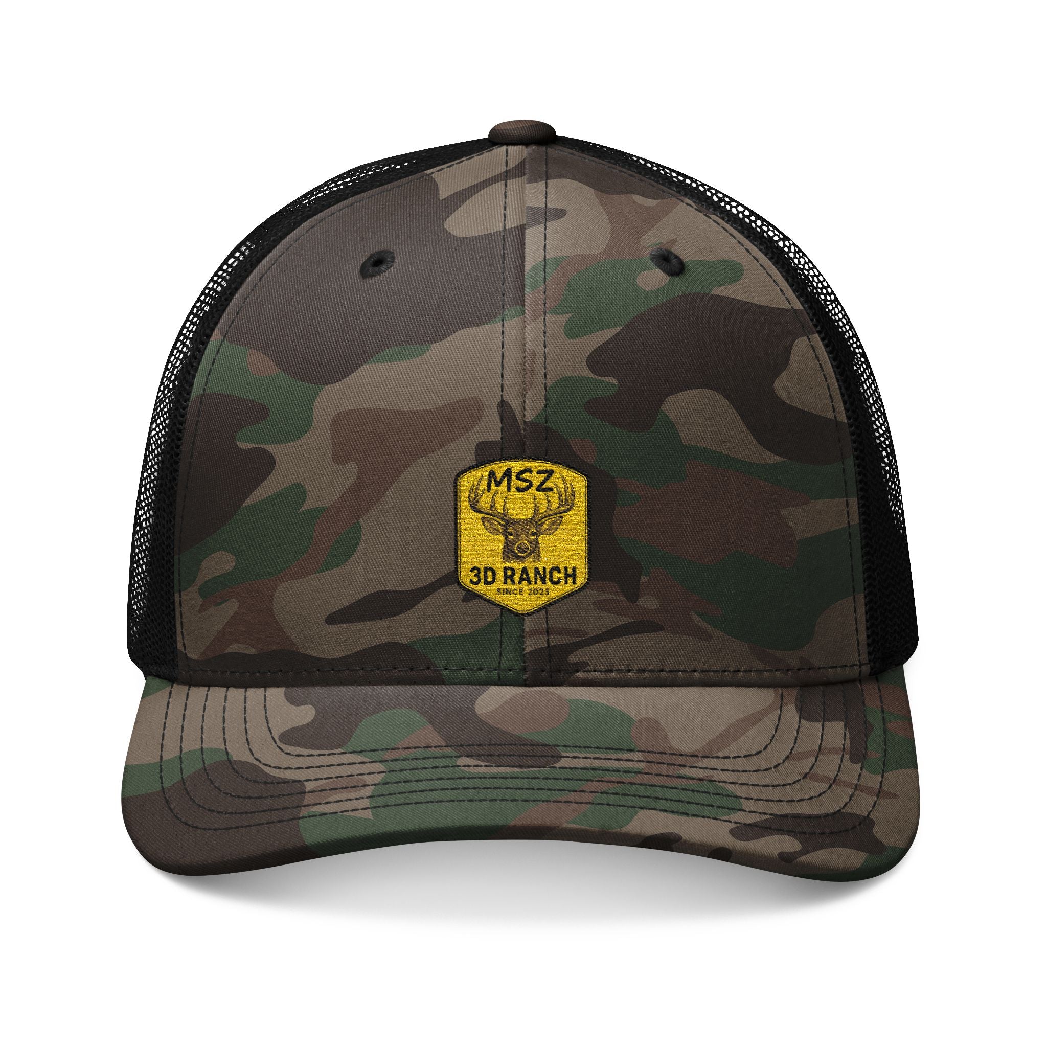 Camouflage Trucker Hat — Embroidered Yellow Patch Cap for Outdoorsmen
