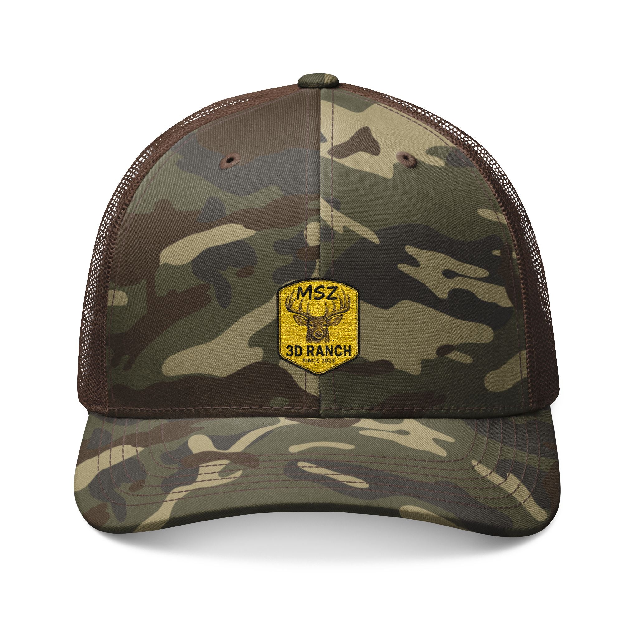 Camouflage Trucker Hat — Embroidered Yellow Patch Cap for Outdoorsmen
