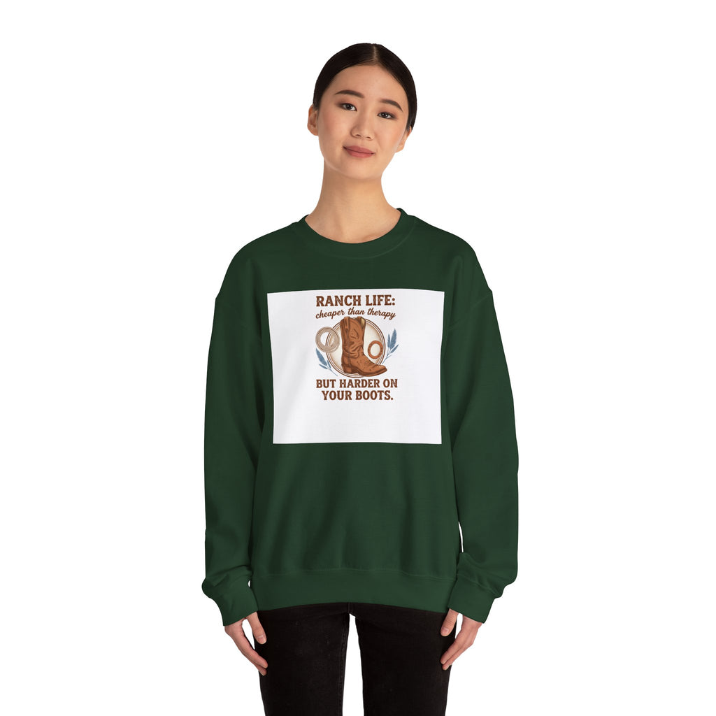 Ranch Life Crewneck Sweatshirt — “Ranch Life: Cheaper Than Therapy” Western Cowboy Graphic
