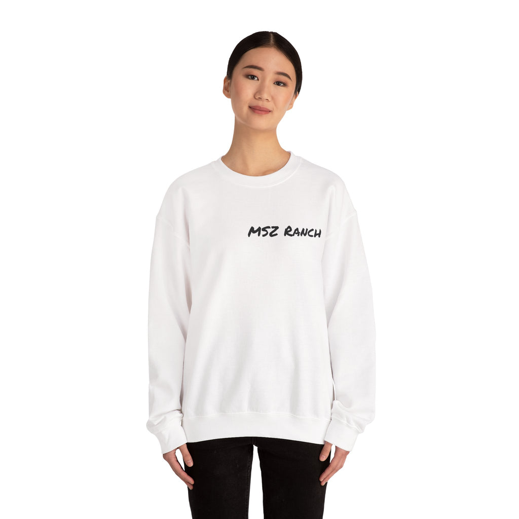 MSZ Ranch Crewneck Sweatshirt — Retro Deer Patch Back, Script Front