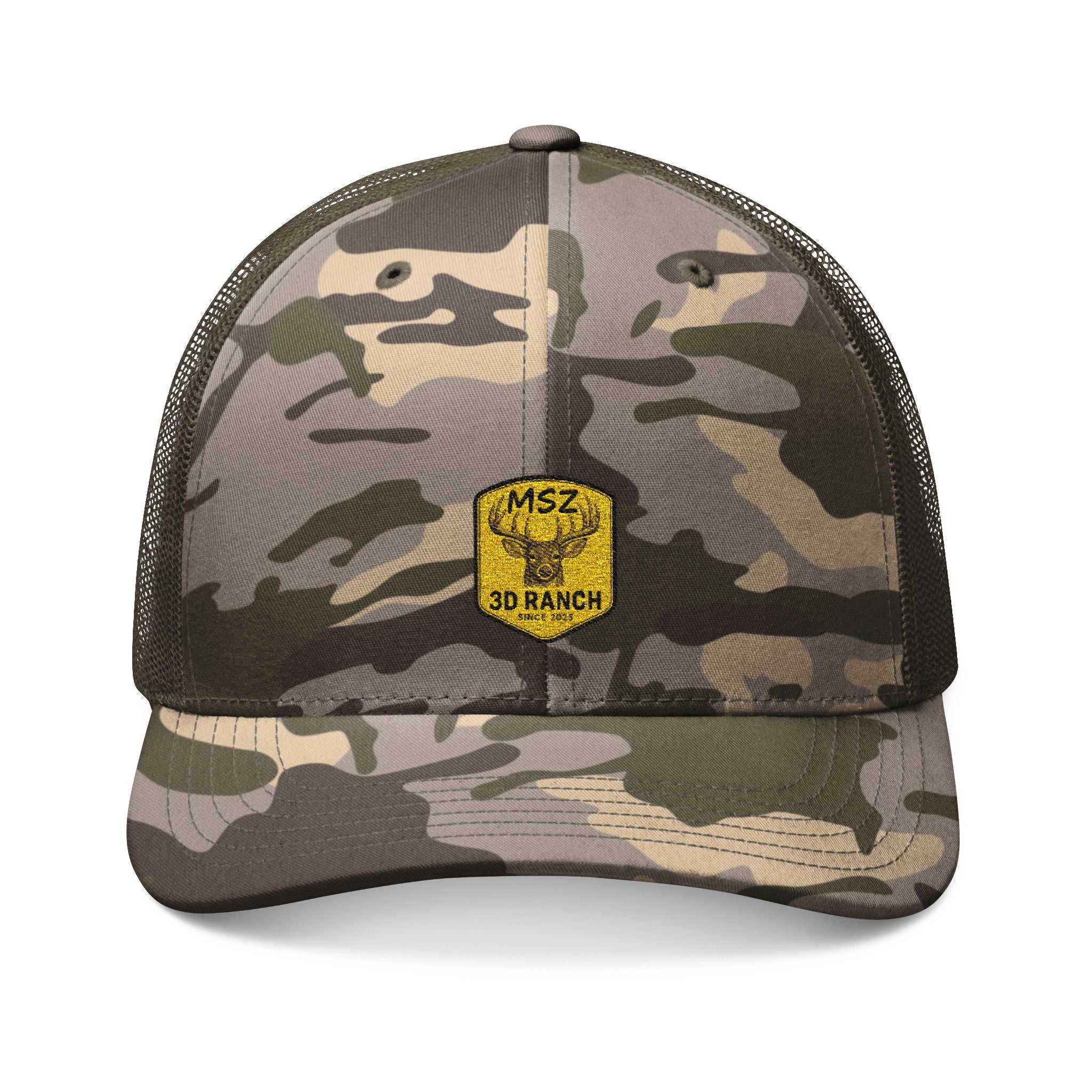 Camouflage Trucker Hat — Embroidered Yellow Patch Cap for Outdoorsmen