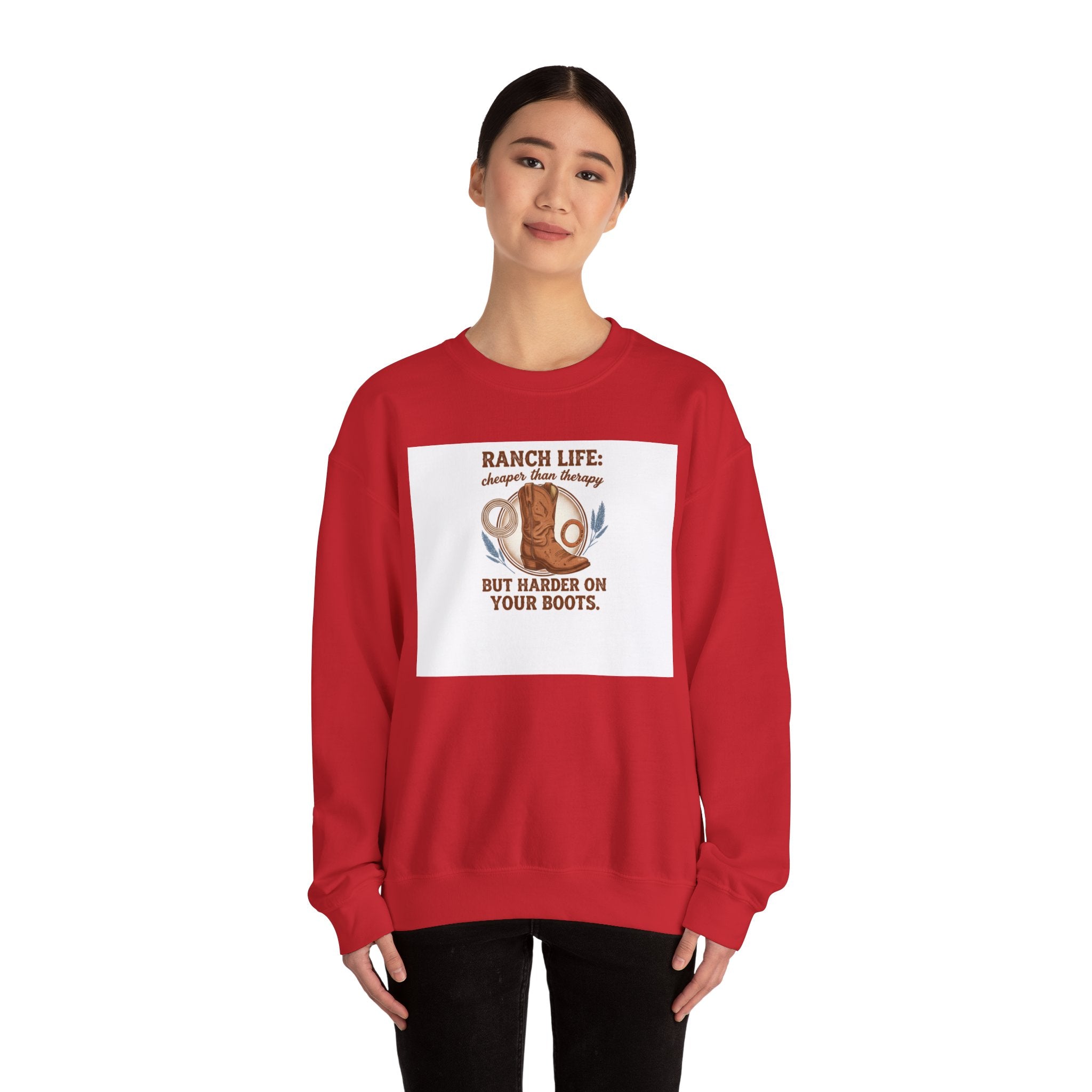 Ranch Life Crewneck Sweatshirt — “Ranch Life: Cheaper Than Therapy” Western Cowboy Graphic