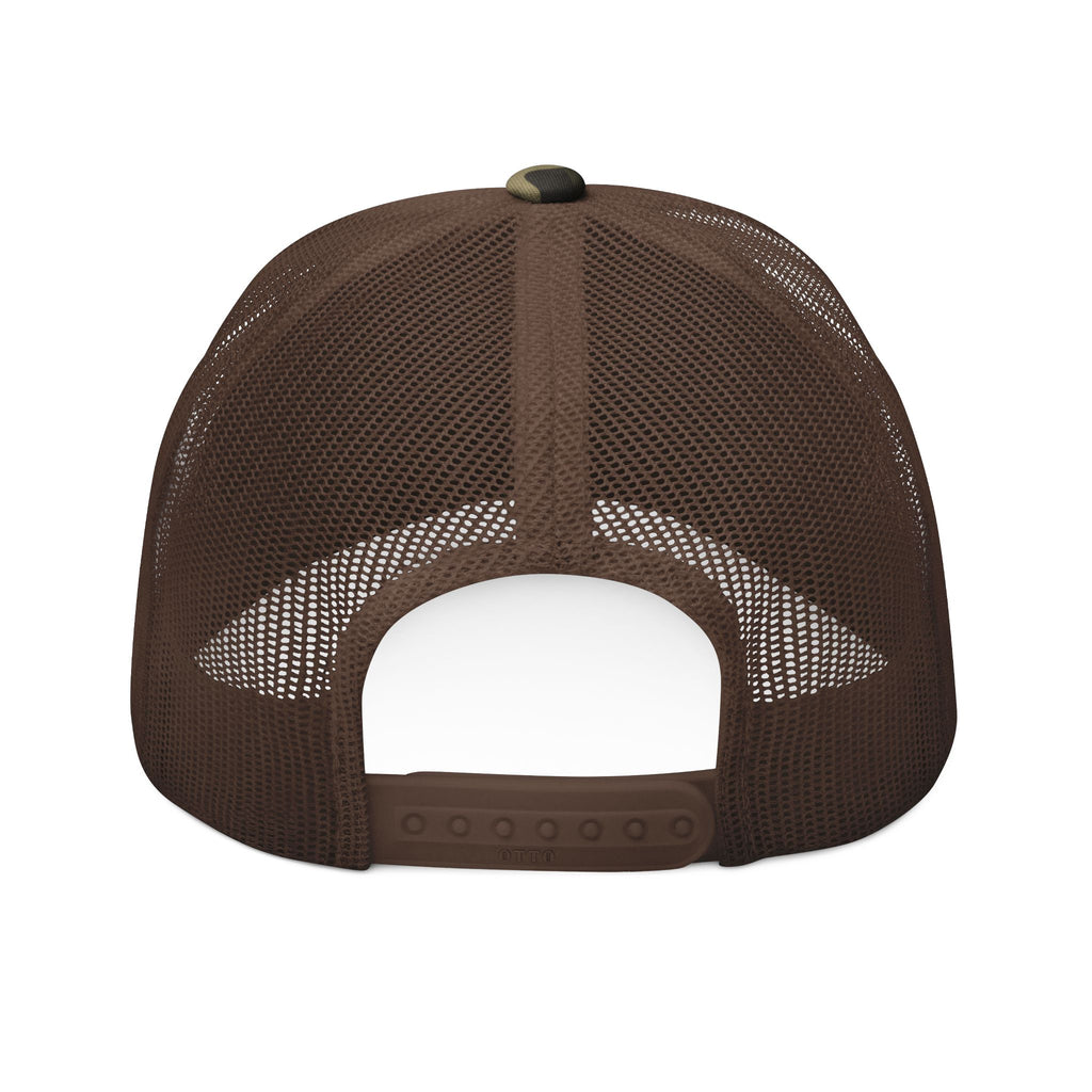 Camouflage Trucker Hat — Embroidered Yellow Patch Cap for Outdoorsmen