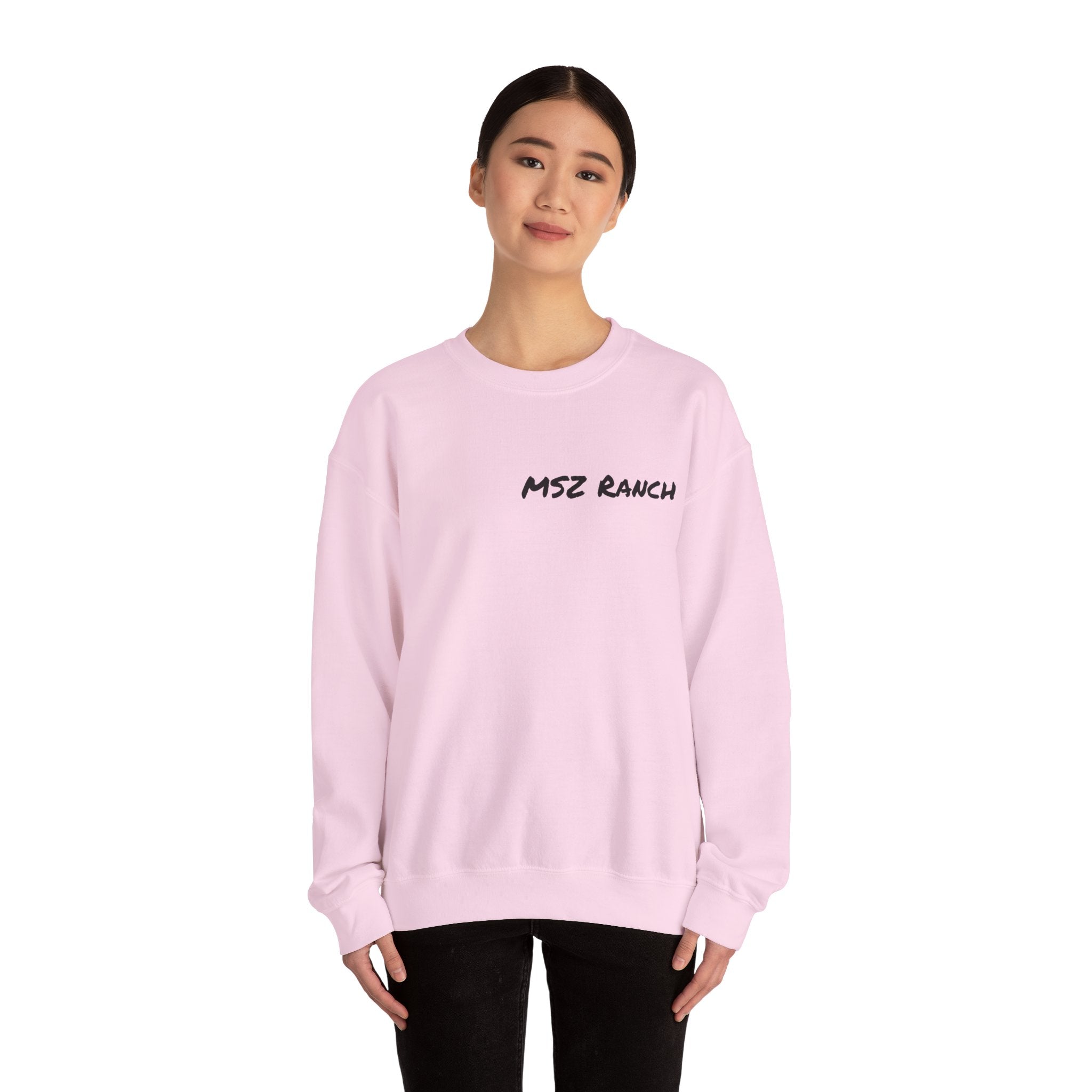 MSZ Ranch Crewneck Sweatshirt — Retro Deer Patch Back, Script Front