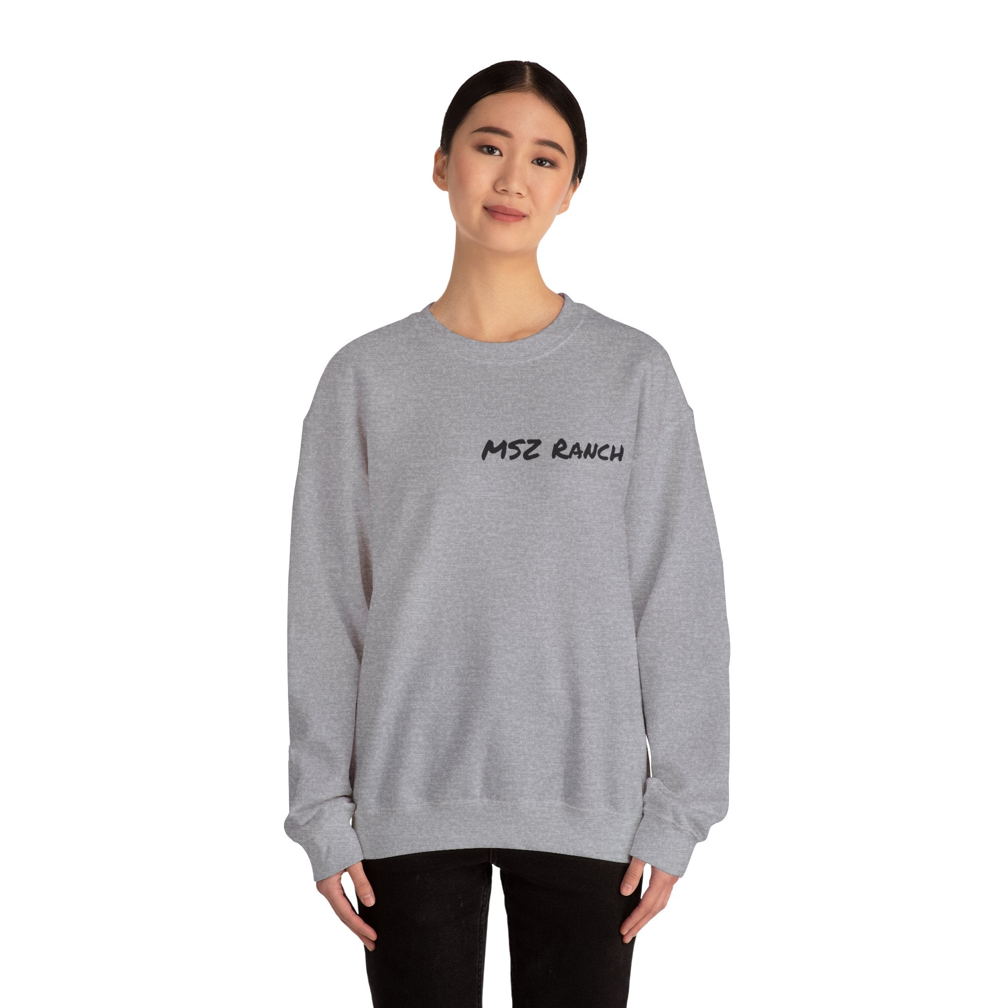 MSZ Ranch Crewneck Sweatshirt — Retro Deer Patch Back, Script Front