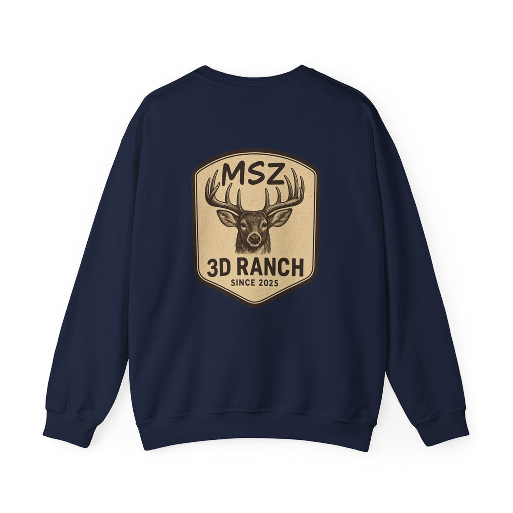 MSZ Ranch Crewneck Sweatshirt — Retro Deer Patch Back, Script Front