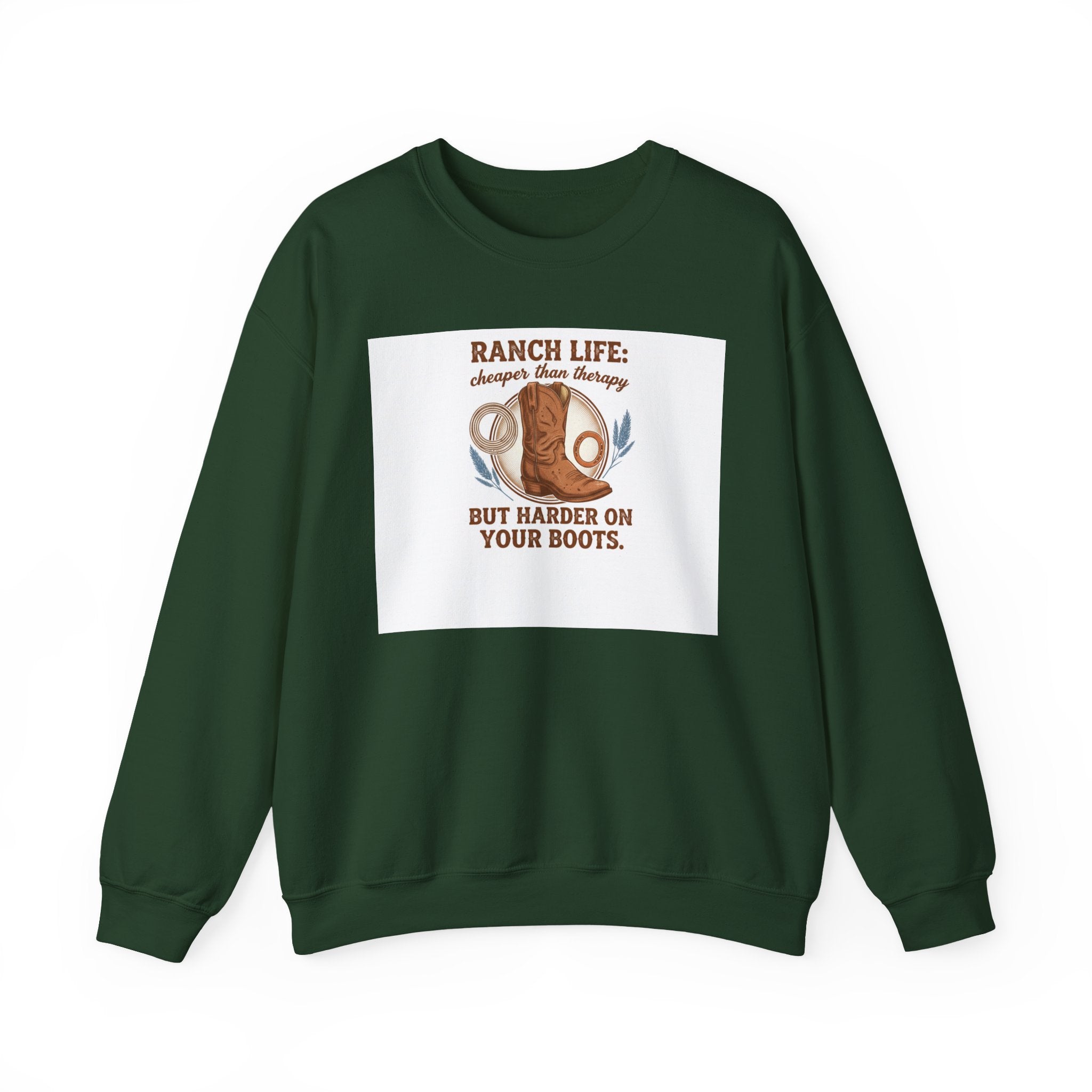 Ranch Life Crewneck Sweatshirt — “Ranch Life: Cheaper Than Therapy” Western Cowboy Graphic