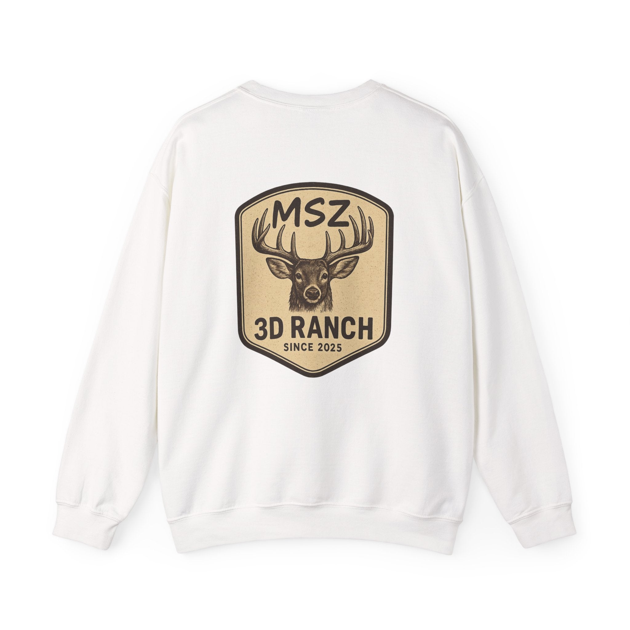 MSZ Ranch Crewneck Sweatshirt — Retro Deer Patch Back, Script Front